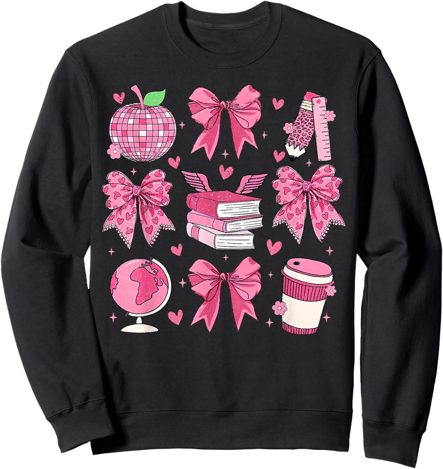 Coquette Pink Bow Apple Teacher Appreciation Valentine Day Sweatshirt - Sweatshirt | Black