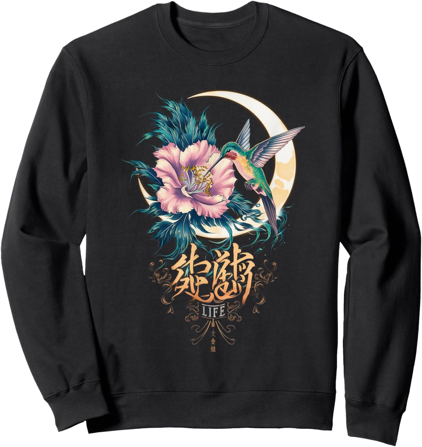 Vibrant Life Hummingbird with Hibiscus Moon Japanese Style Sweatshirt - Sweatshirt | Black