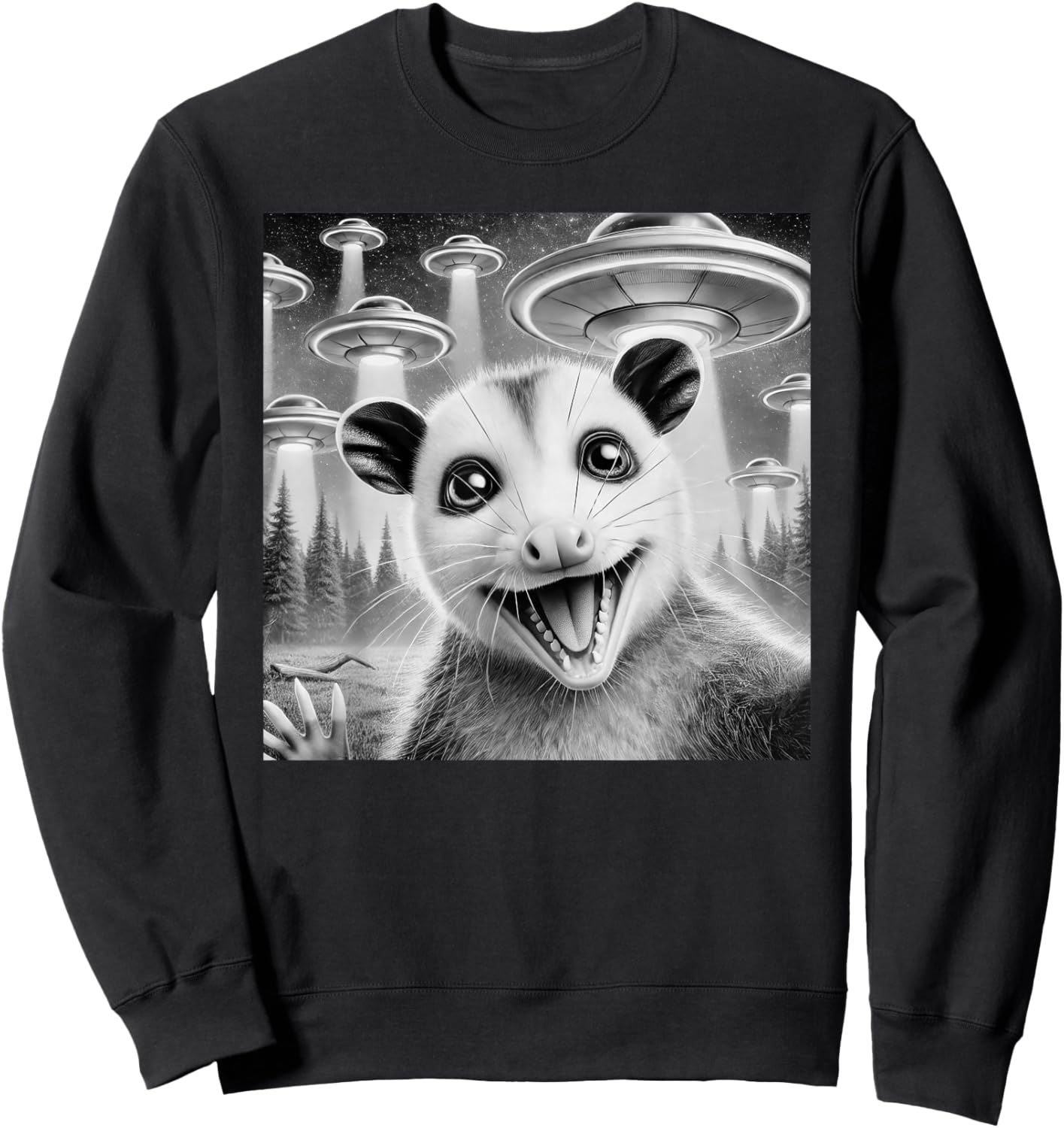 Opossum Selfie With Alien UFO Meme Men Women Kids Sweatshirt - Sweatshirt | Black
