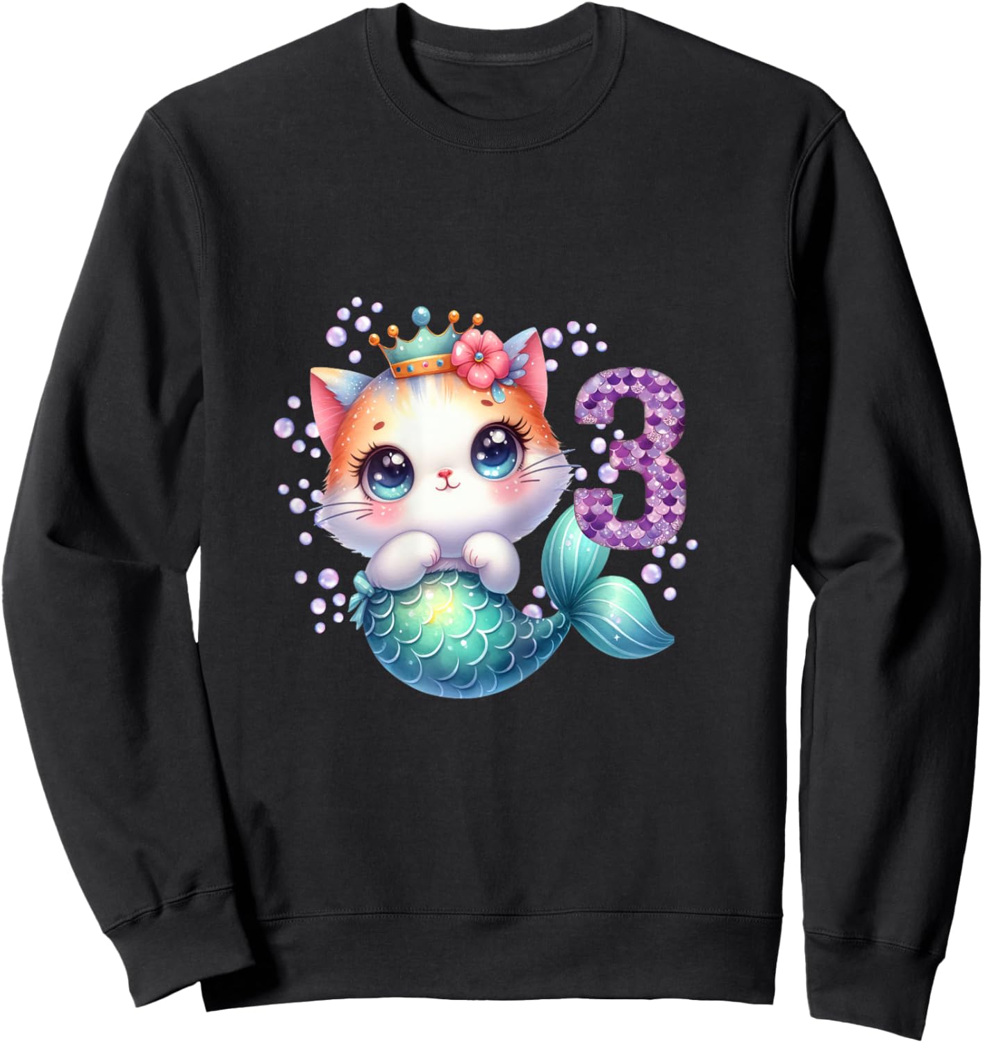 Cat Mermaid 3rd Birthday 3 Year Old Party Girls Outfit Sweatshirt - Sweatshirt | Black