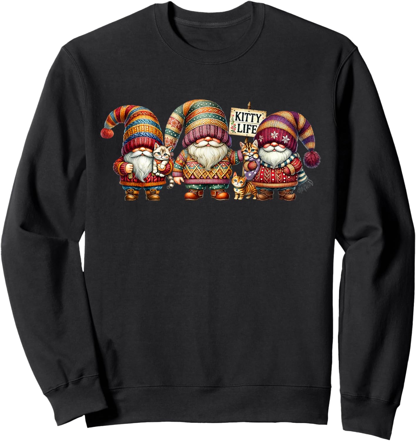 Christmas Gnomes With Cute Kitten For Xmas Funny Cat Lady Sweatshirt - Sweatshirt | Black