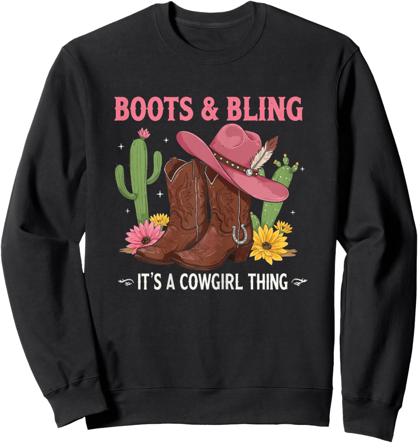 Howdy Country Rodeo Girl Western Boots & Bling its a Cowgirl Sweatshirt - Sweatshirt | Black
