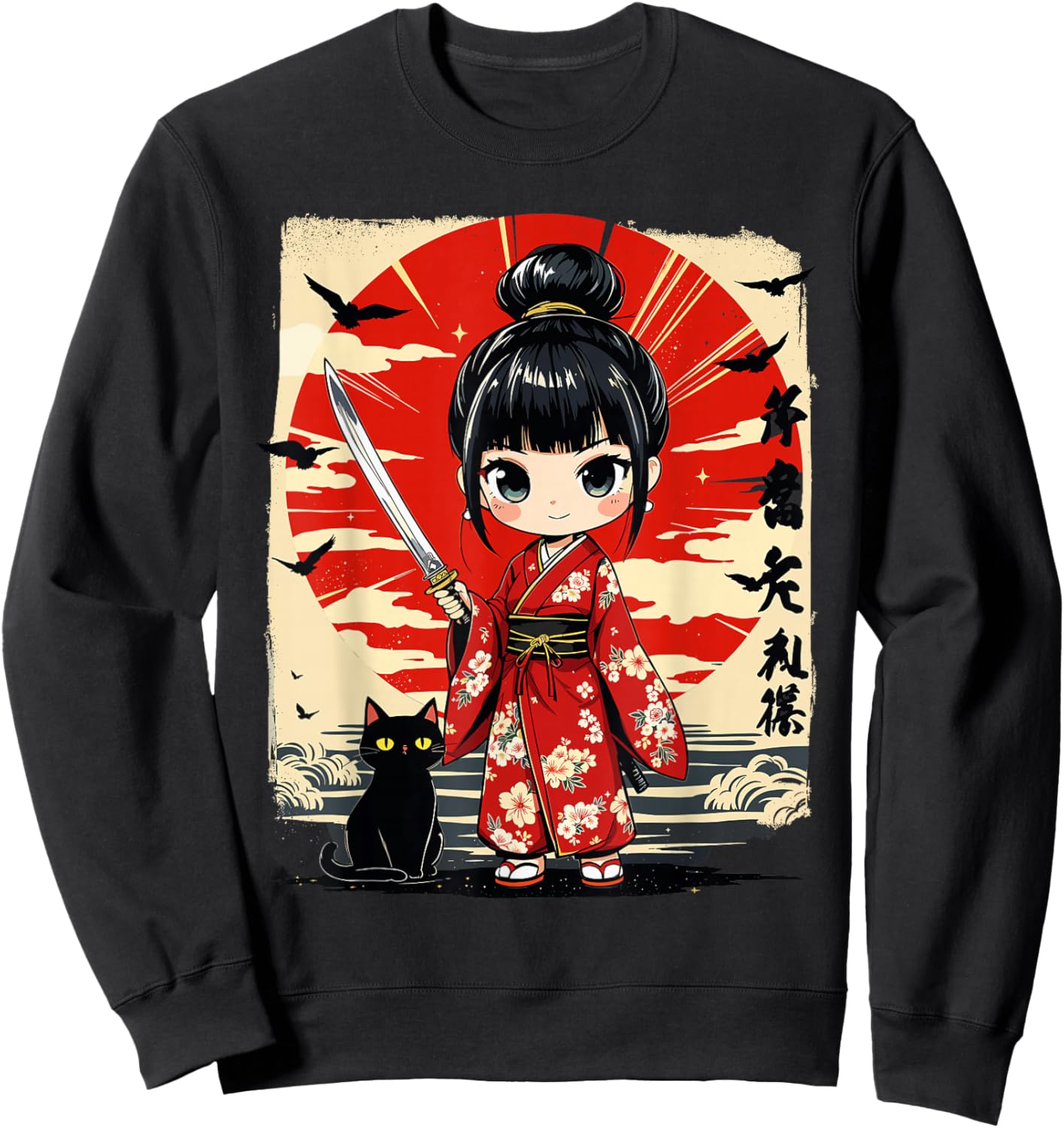 Cute Kawaii Samurai Girl and Cat Japanese Anime Kids Girls Sweatshirt - Sweatshirt | Black