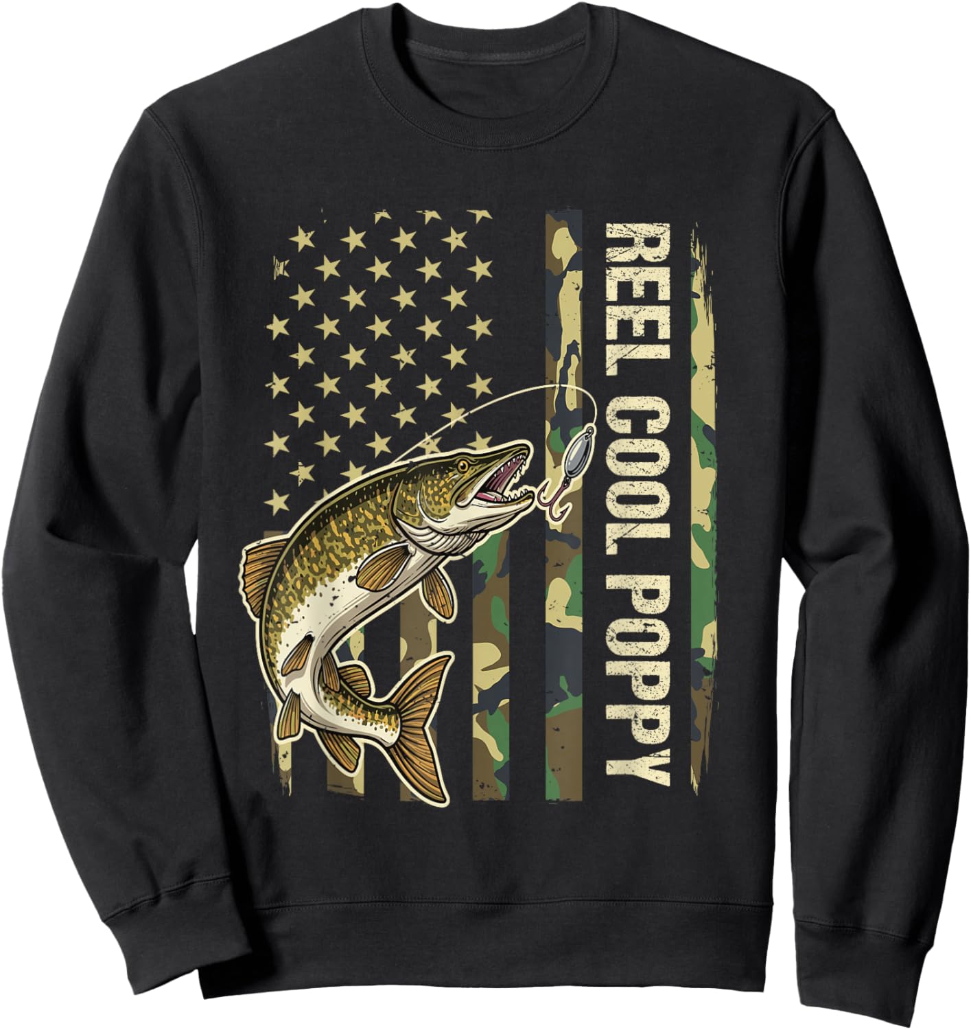 Reel Cool Poppy Northern Pike Fishing Camo American Flag Sweatshirt - Sweatshirt | Black