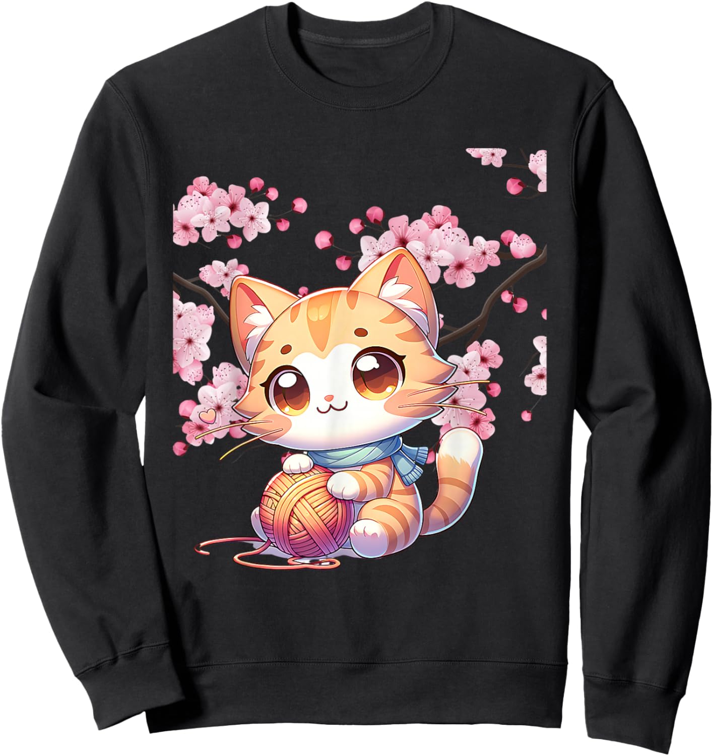 Kawai Cat with Thread and Cherry Blossom Sakura Art Sweatshirt - Sweatshirt | Black