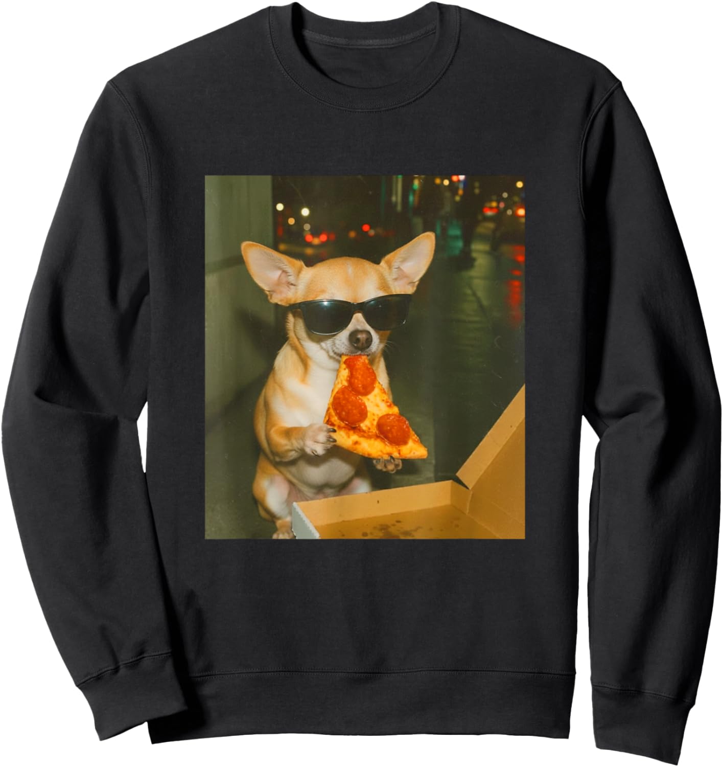 Funny Chihuahua Dog Eating Pizza Meme Retro Sweatshirt - Sweatshirt | Black