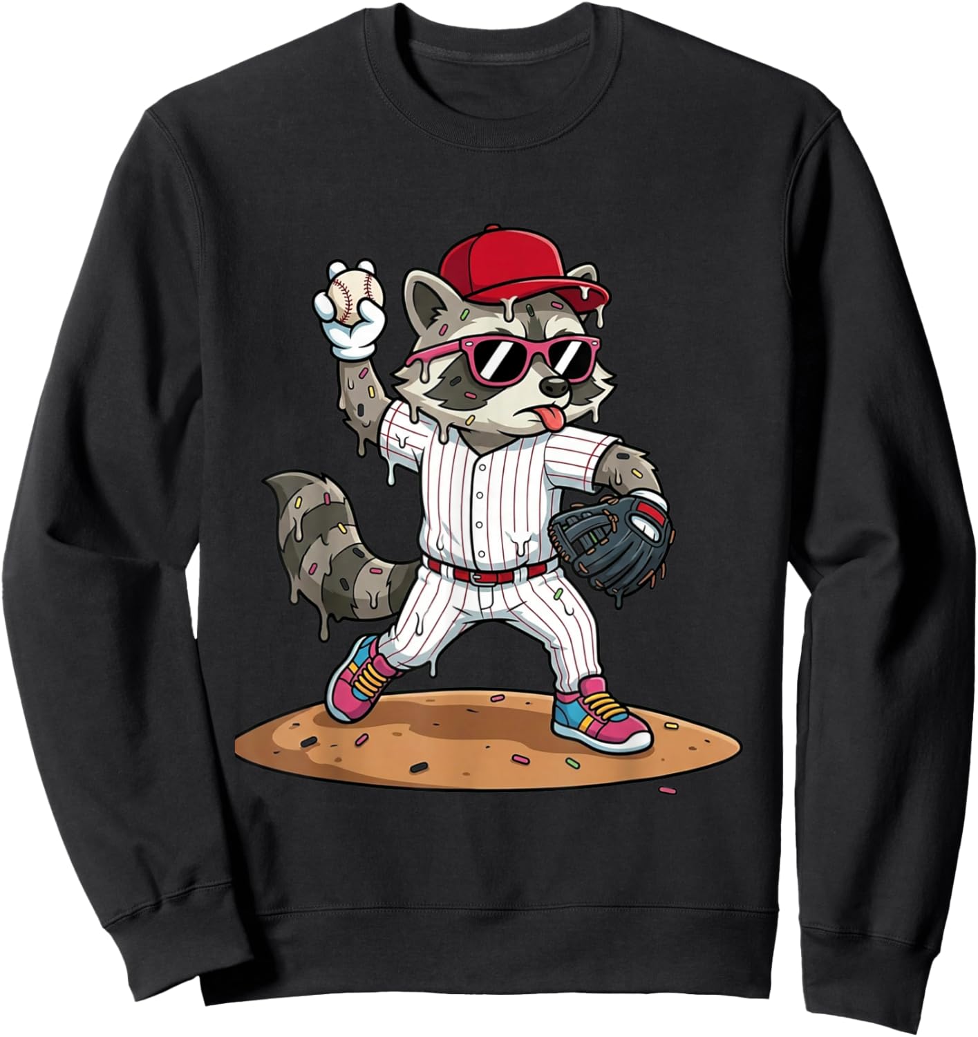 Funny Trash Panda Raccoon Baseball Drip Mascot Kids Sweatshirt - Sweatshirt | Black