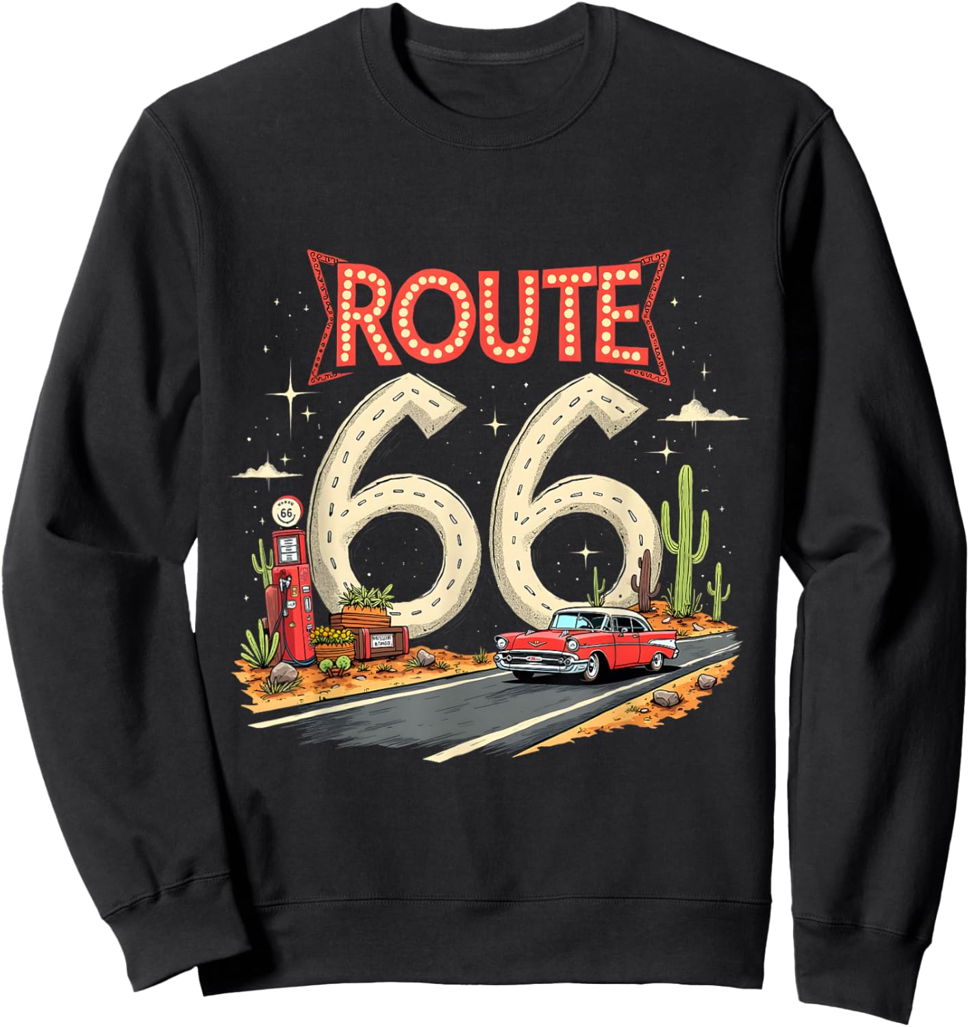 Classic Retro Route 66 Desert Scene with Red Vintage Car Sweatshirt - Sweatshirt | Black