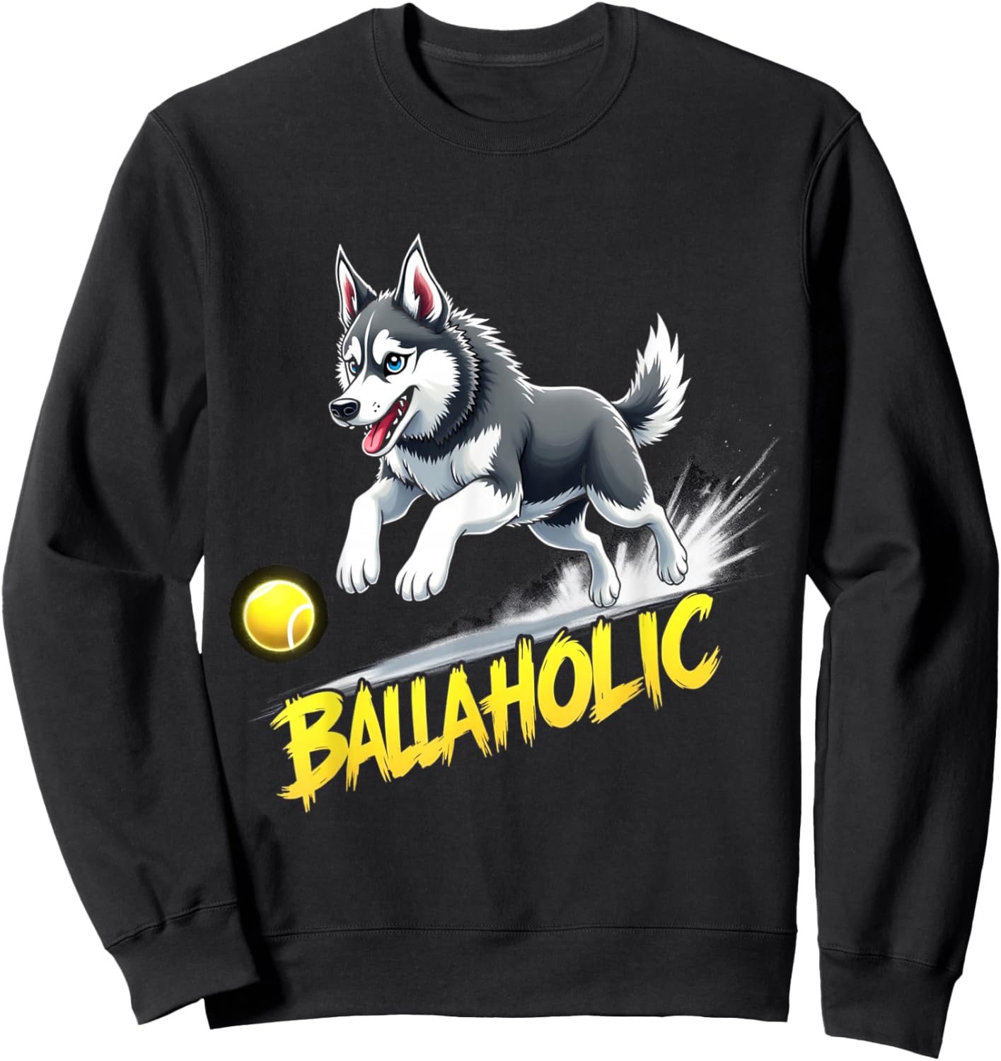 Funny Ballaholic Siberian Husky Dog Chasing Ball Sweatshirt - Sweatshirt | Black