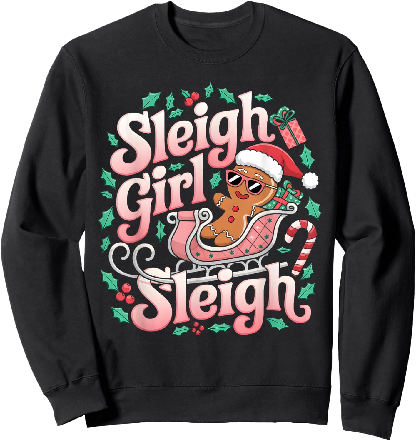 Groovy Pink Christmas Sleigh Girl Sleigh Gingerbread Holiday Sweatshirt - Sweatshirt | Black
