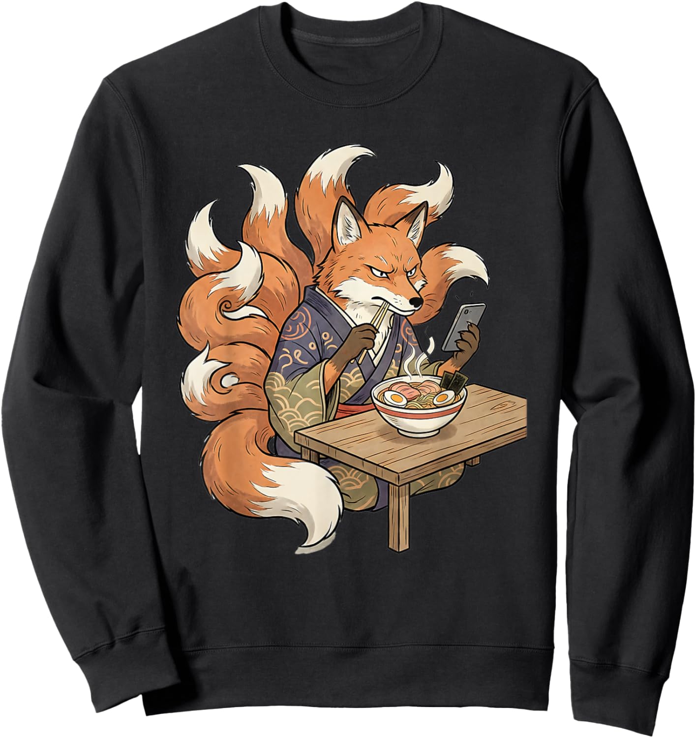 Nine Tailed Fox Kitsune Eating Ramen Bowl Anime Phone Scroll Sweatshirt - Sweatshirt | Black
