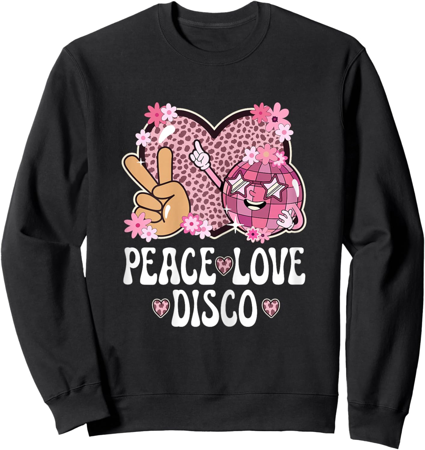 Peace Love Disco Outfit Cheetah Print Women Girls 70s Disco Sweatshirt - Sweatshirt | Black