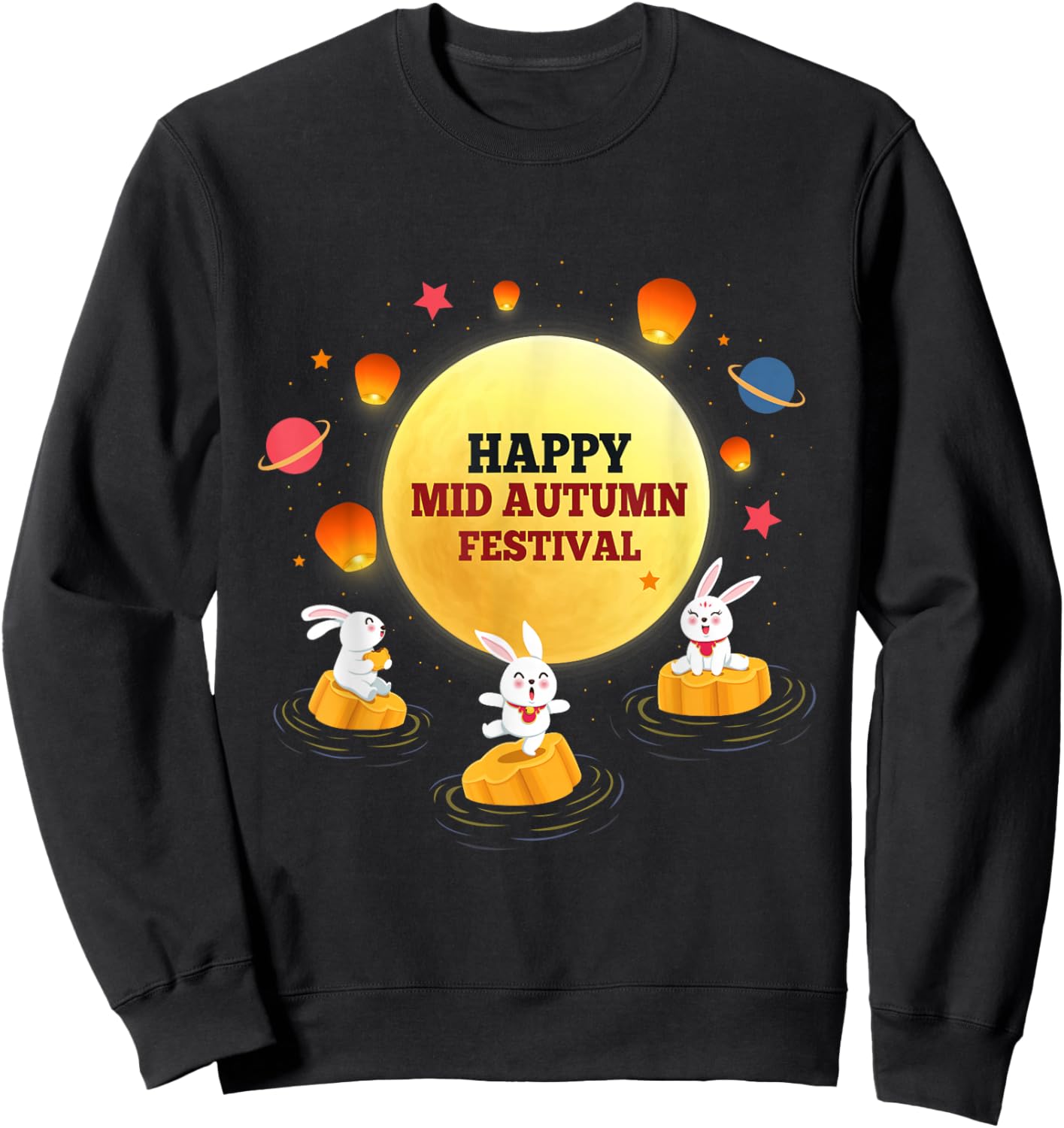 Kids Adults Mid Autumn Festival Cute Bunny Mooncake Festival Sweatshirt - Sweatshirt | Black