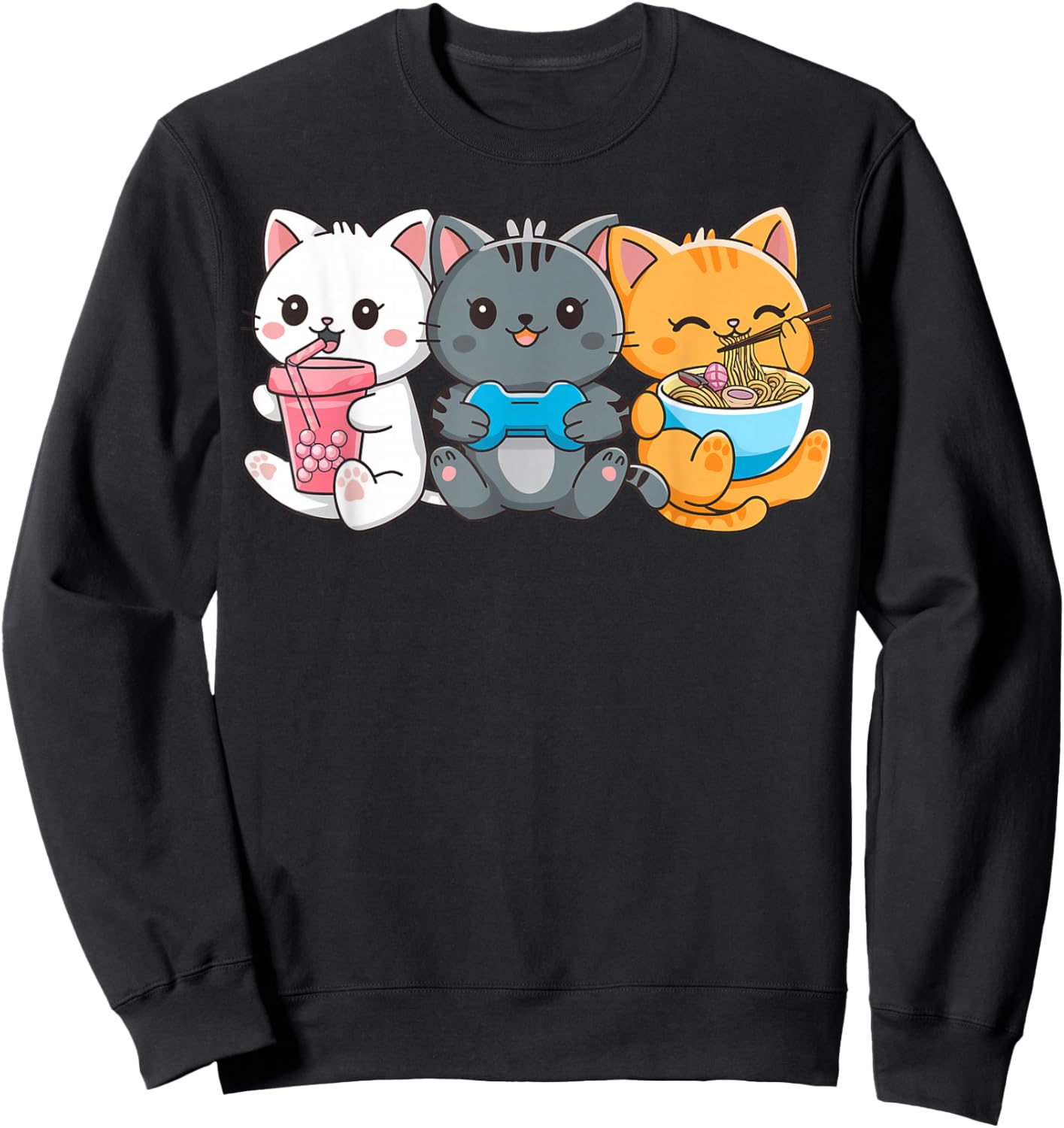 Anime Cat Boba Tea Gaming Ramen Cats Gifts Women Kid Sweatshirt - Sweatshirt | Black