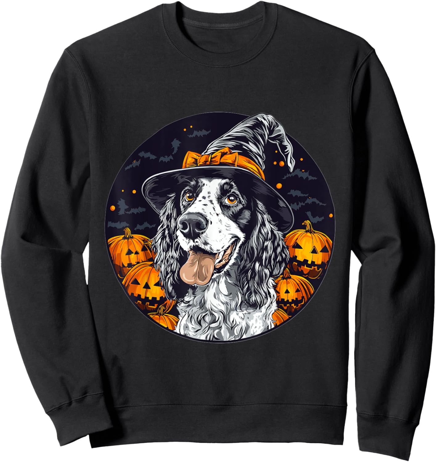 English Setter Dog Whitch Hat Halloween Pumpkin Spooky Happy Sweatshirt - Sweatshirt | Black