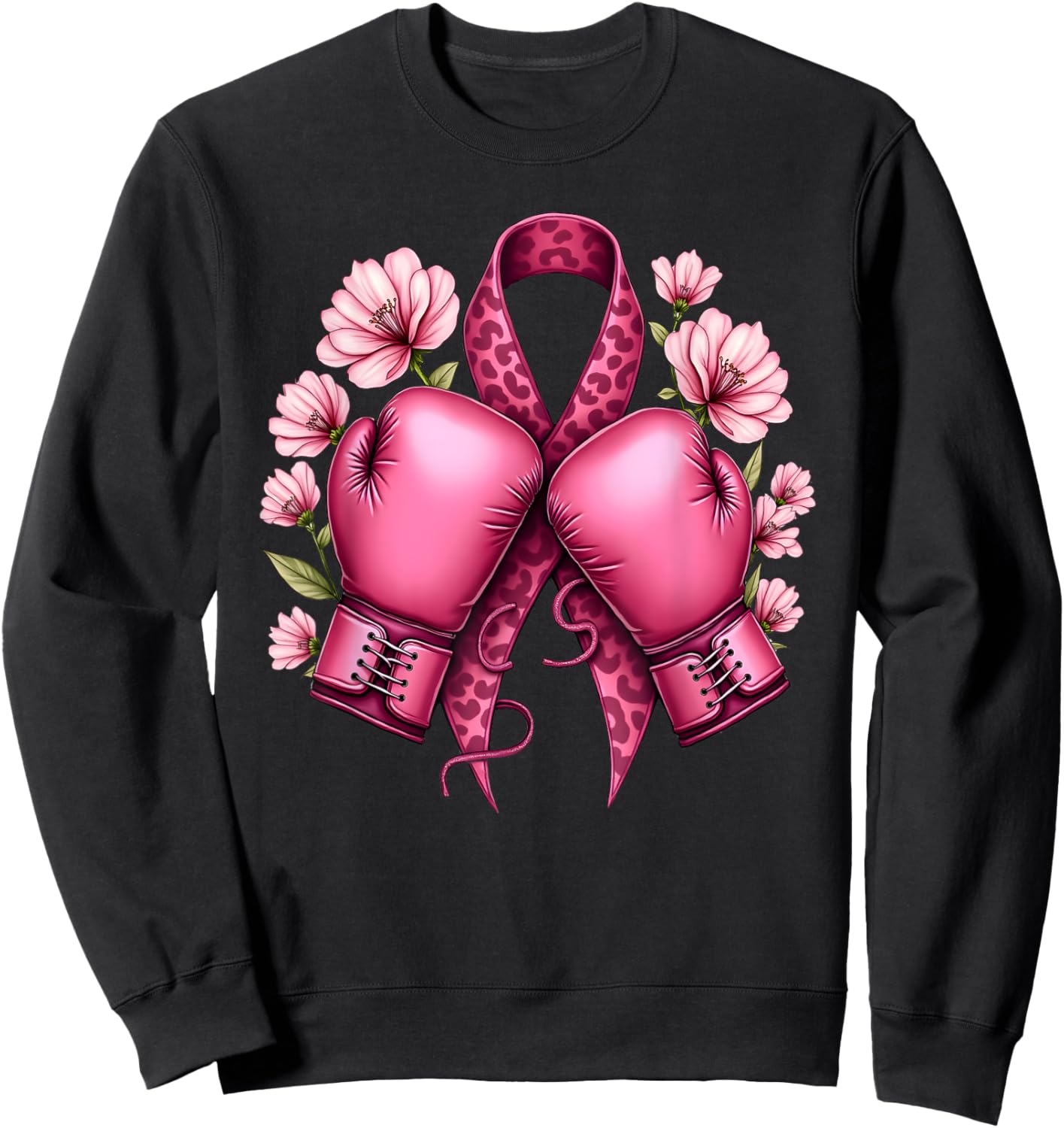 Leo Print Pink Ribbon Boxing Gloves Breast Cancer Awareness Sweatshirt - Sweatshirt | Black