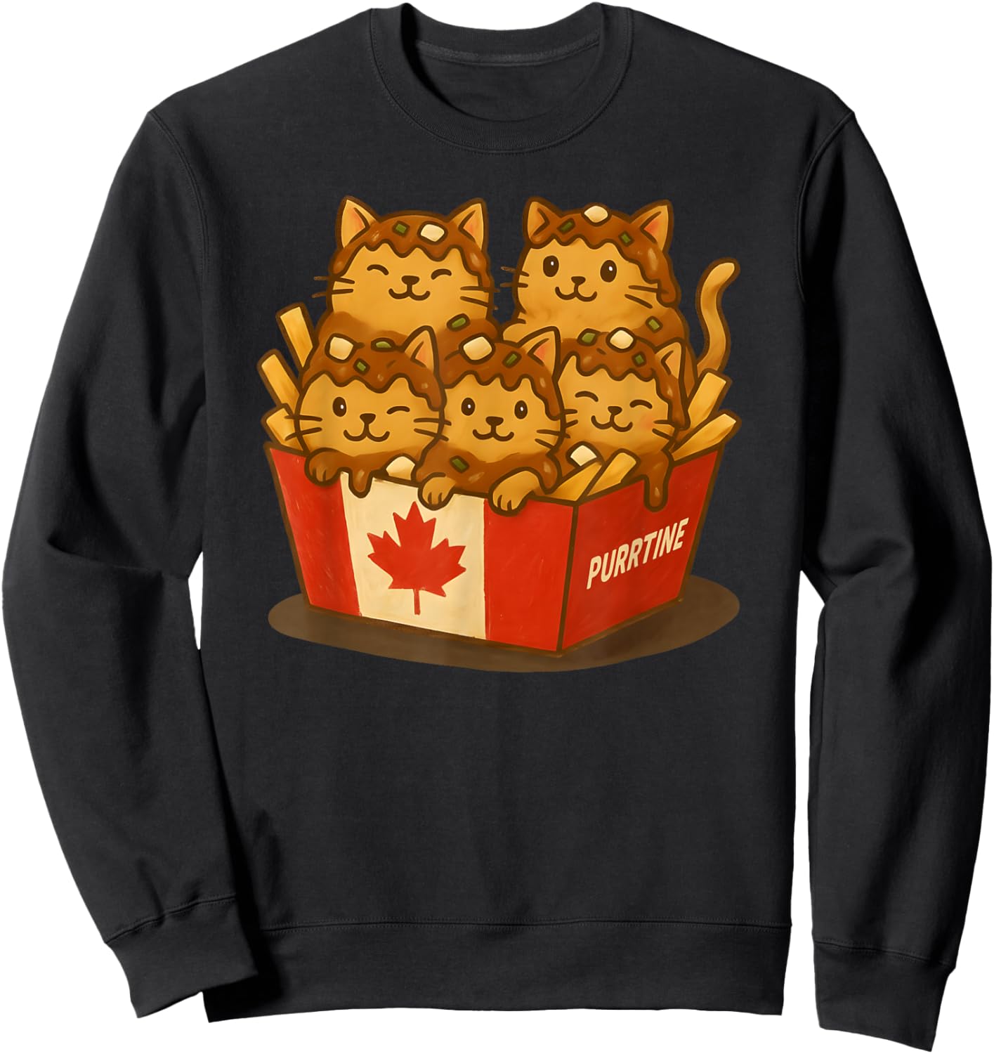 Canadian Poutine Funny Canada Cute Kawaii Cat Canadian Flag Sweatshirt - Sweatshirt | Black