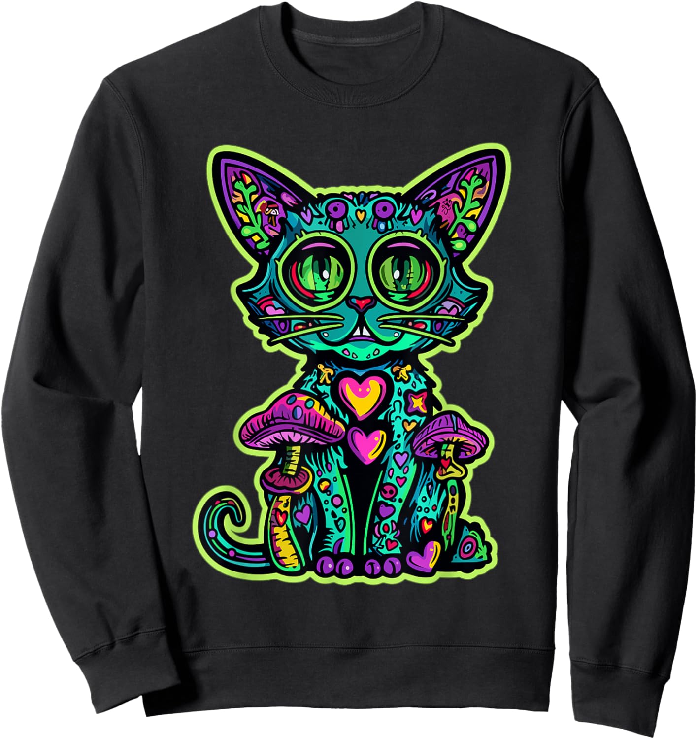 Psychedelic Cat Mushroom Art EDM Rave Men Women Sweatshirt - Sweatshirt | Black