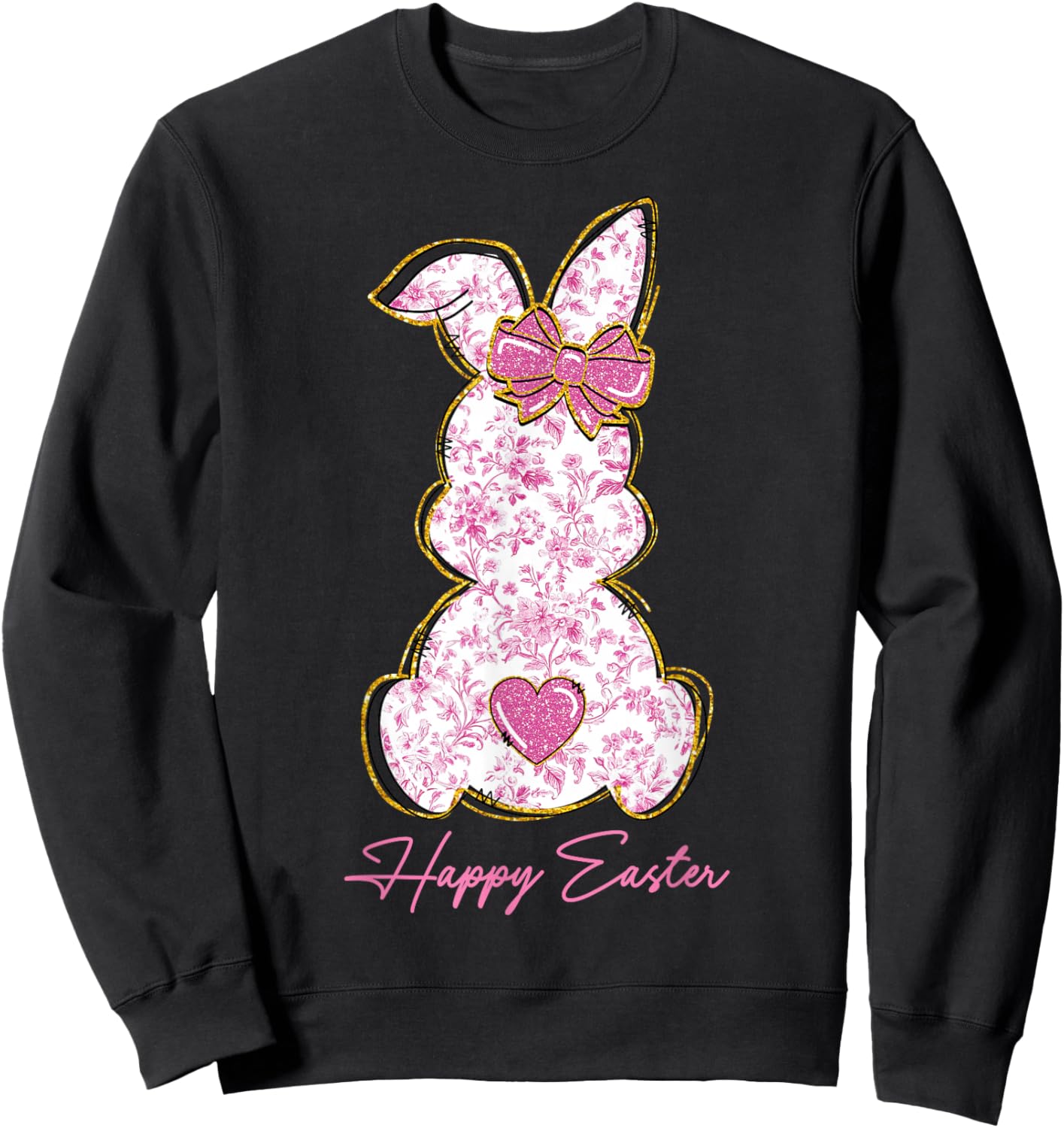 Happy Easter Bunny Girls Easter Women Pink Floral Coquette Sweatshirt - Sweatshirt | Black