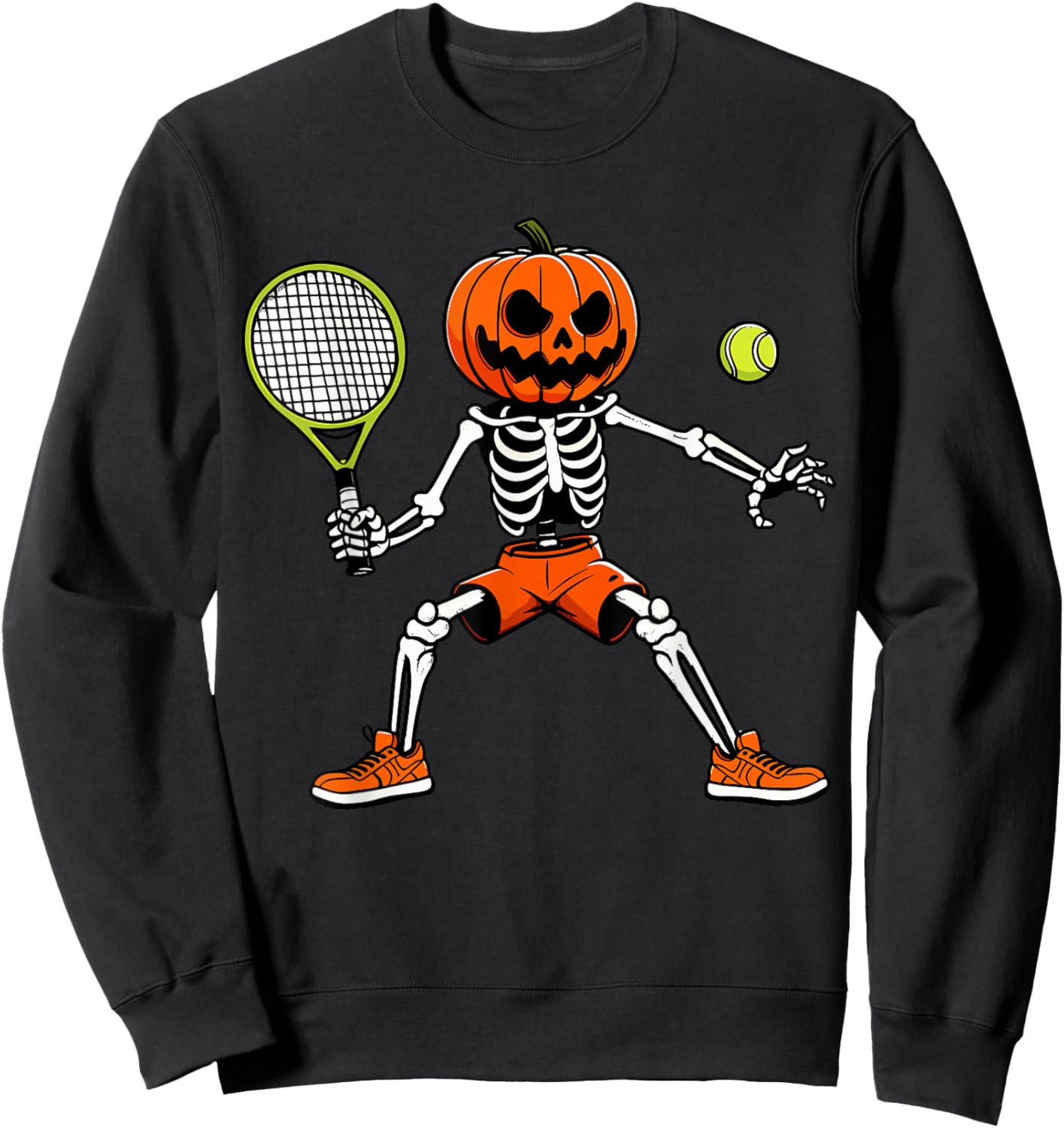 Halloween Tennis Pumpkin Head Skeleton Tennis Halloween Sweatshirt - Sweatshirt | Black