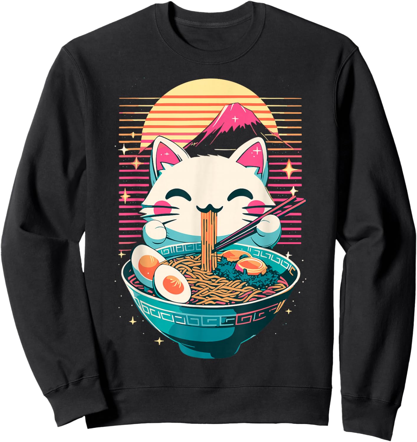 Anime Cat Eating Ramen Japanese Ramen Cat Japan Sweatshirt - Sweatshirt | Black