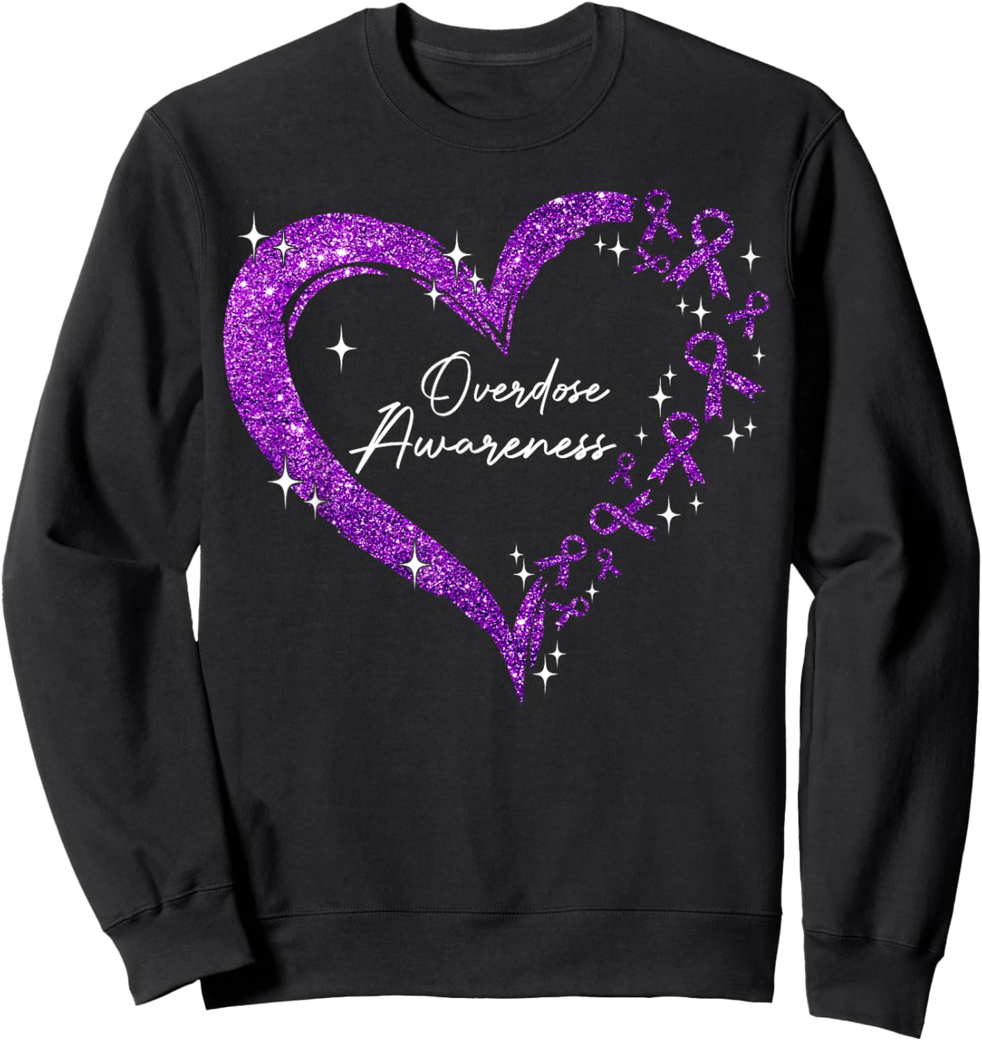Overdose Awareness Purple Ribbon Drug Addiction Heart Sweatshirt - Sweatshirt | Black