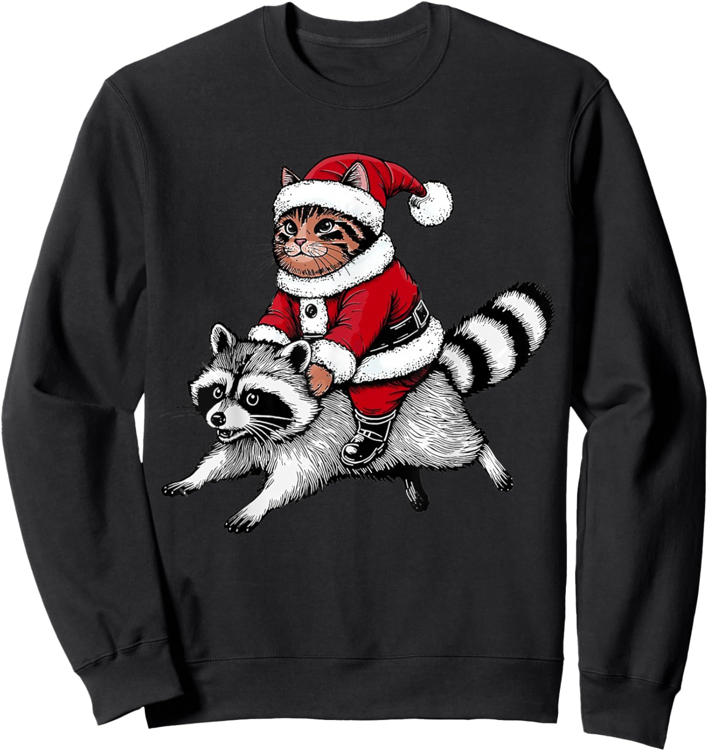 Santa Cat Riding A Raccoon Christmas Men Women Kids Sweatshirt - Sweatshirt | Black