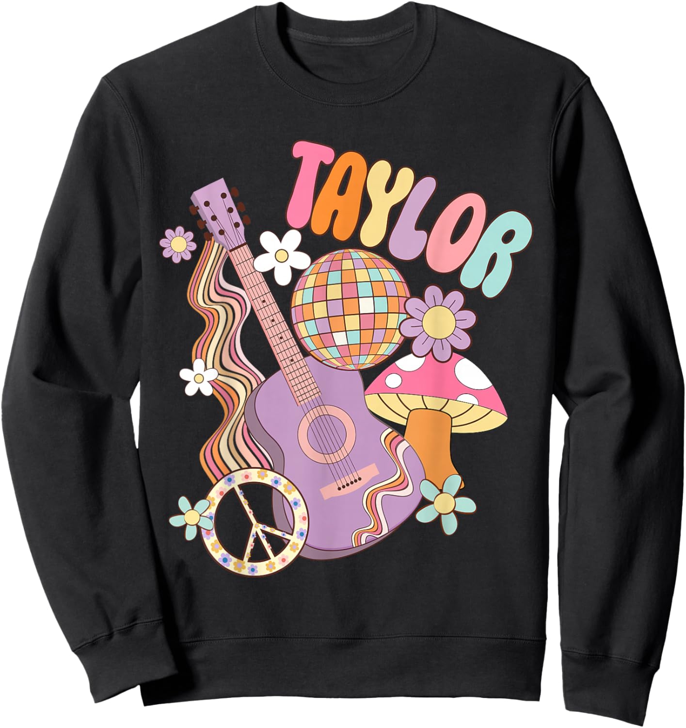 Girl Retro Taylor First Name Personalized Groovy 80's Sweatshirt - Sweatshirt | Black