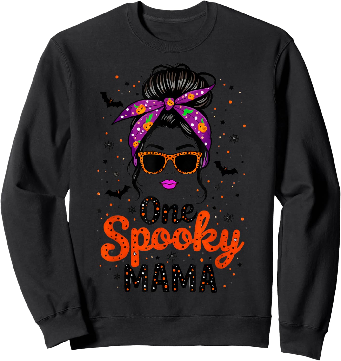 Funny One Spooky Mama Messy Bun Sunglasses Halloween Sweatshirt - Sweatshirt | Black