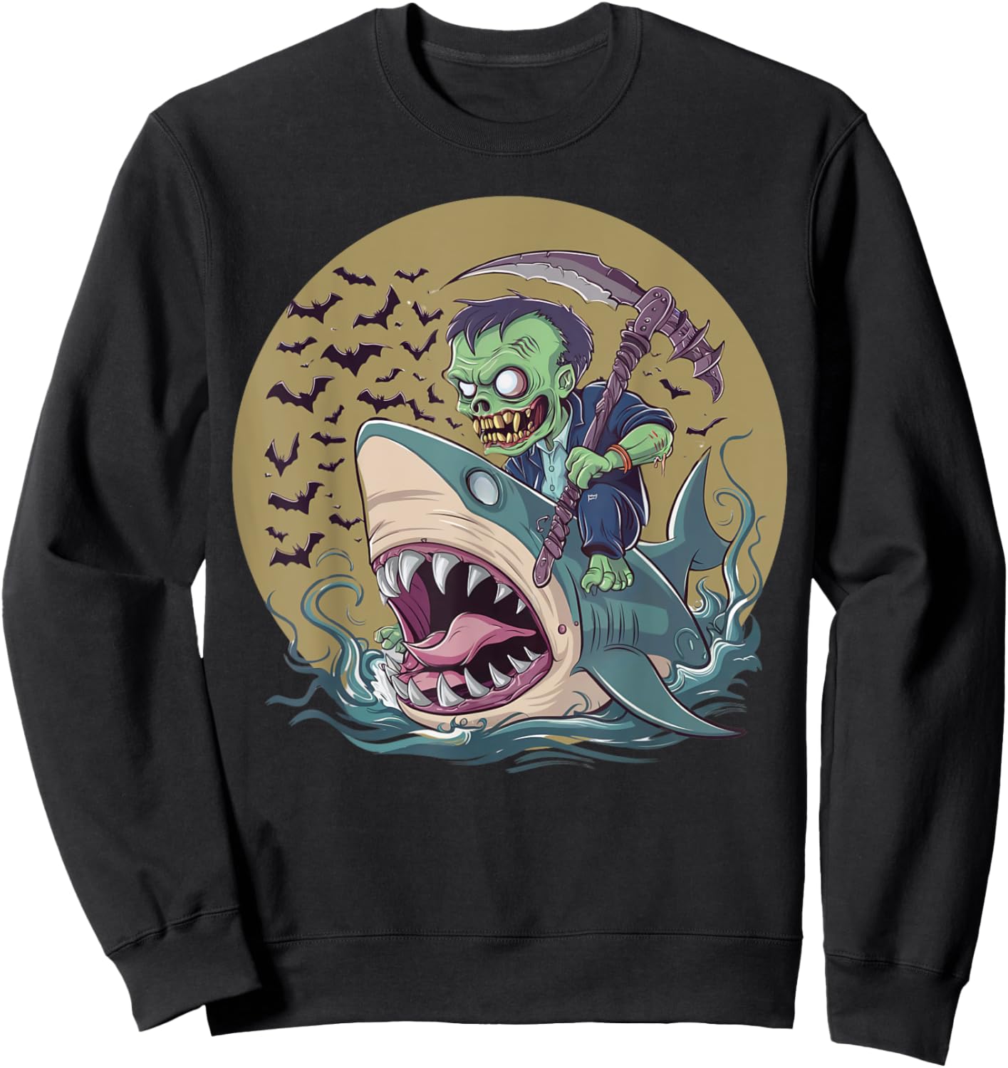 Funny Halloween Zombie Riding Shark Men Women Kid Girls Boys Sweatshirt - Sweatshirt | Black