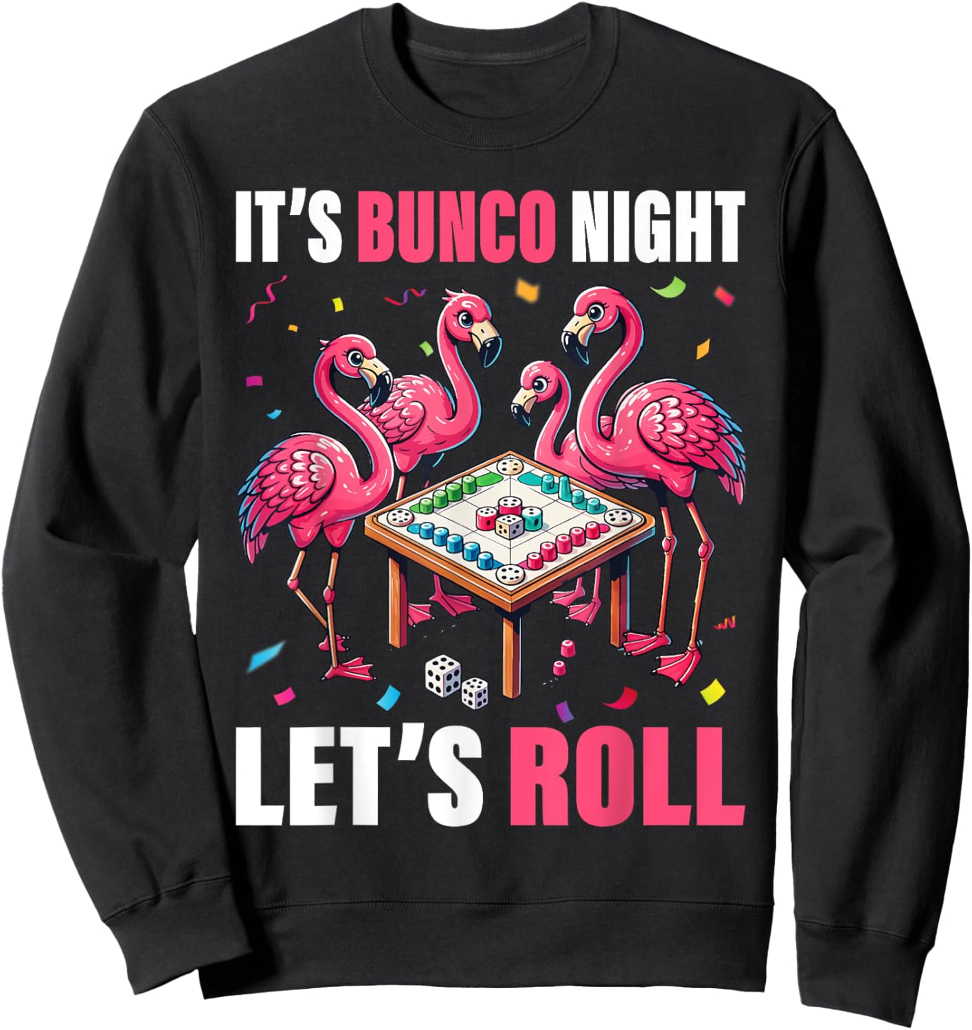 Flamingo Lover Gift Co. Bunco Night Flamingo Bunco Group -Adults Kids Black Short Sleeve Graphic Sweatshirt - Sweatshirt | Black