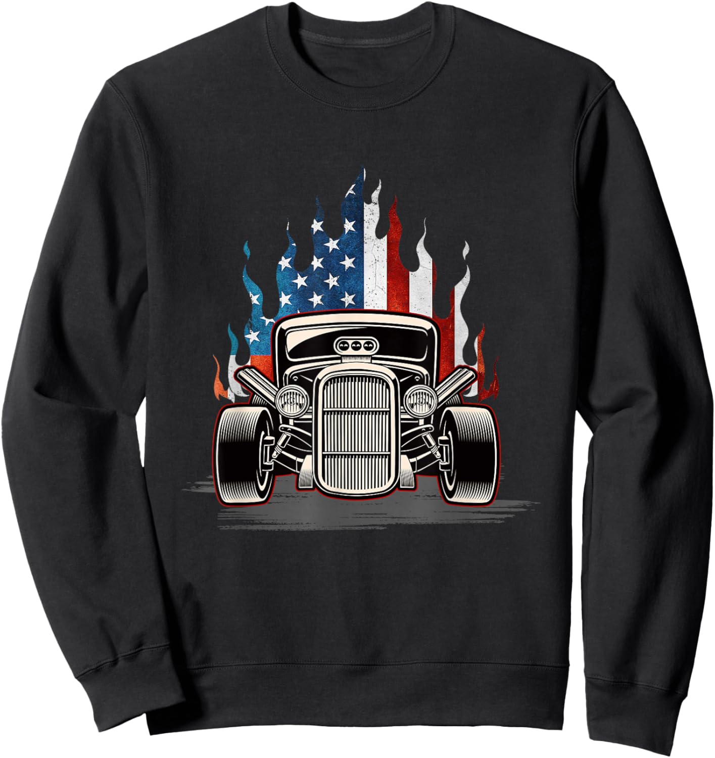 American Flag Vintage Hot Rod Veteran Memorial Day July 4 Sweatshirt - Sweatshirt | Black