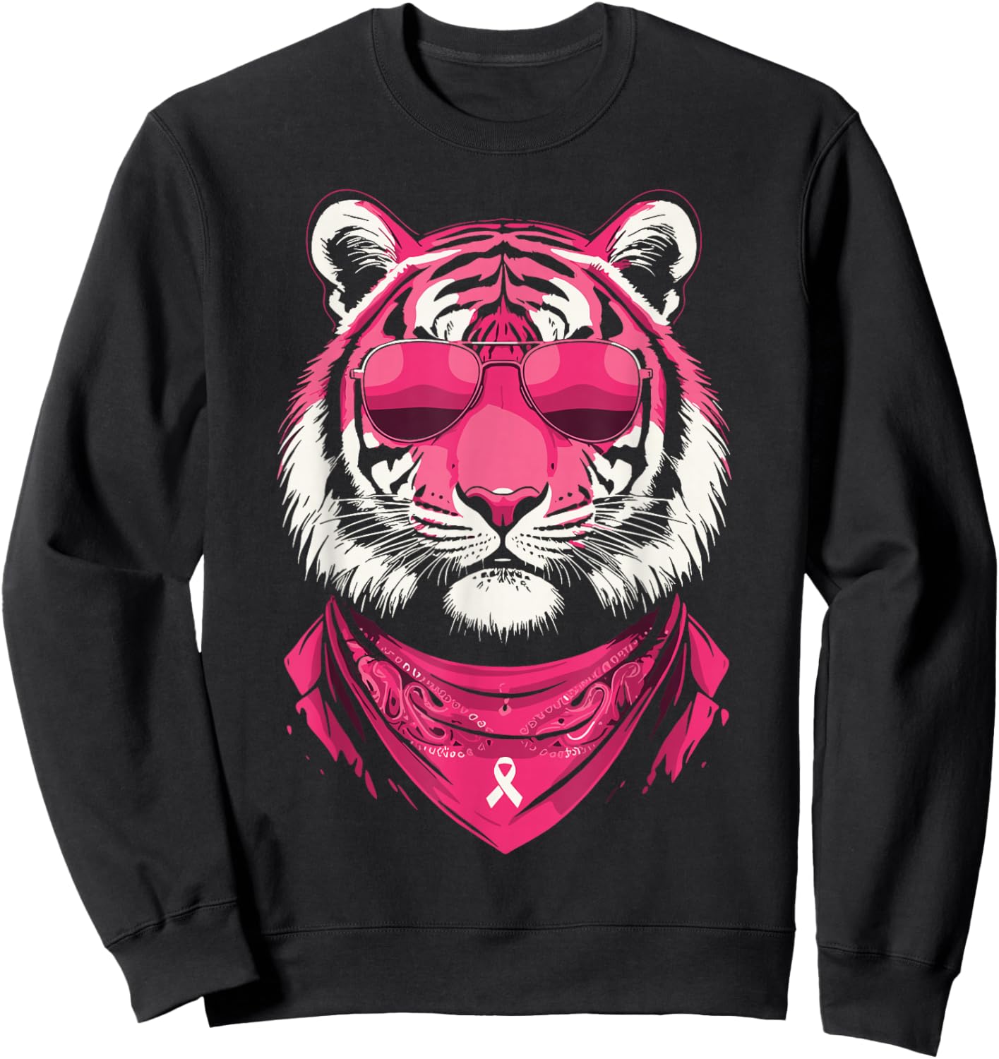 Pink Tiger with Sunglasses Bandana Breast Cancer Awareness Sweatshirt - Sweatshirt | Black