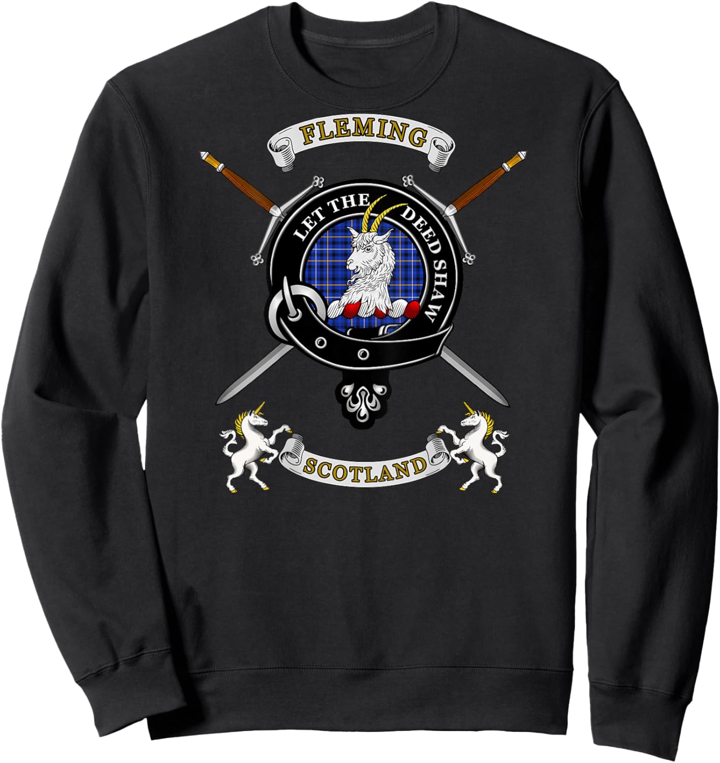 Fleming Scottish Clan Badge Tartan & Swords (Back) Sweatshirt - Sweatshirt | Black