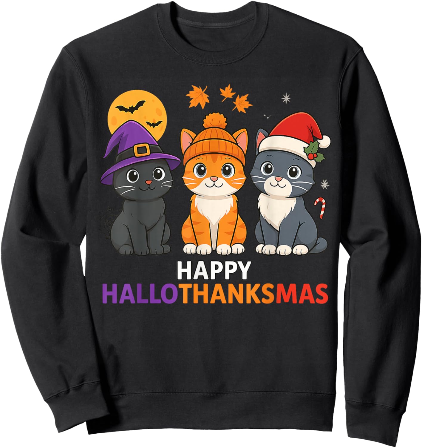 Cat Halloween Christmas Happy Hallothanksmas Thanksgiving Sweatshirt - Sweatshirt | Black