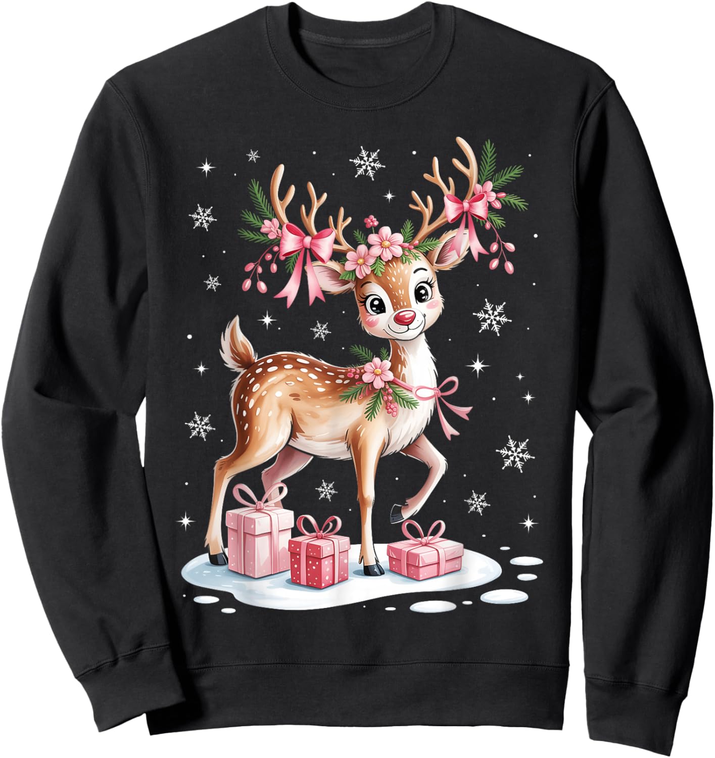 Rudolph Reindeer Coquette Bow Christmas Pajamas Girl Women Sweatshirt - Sweatshirt | Black