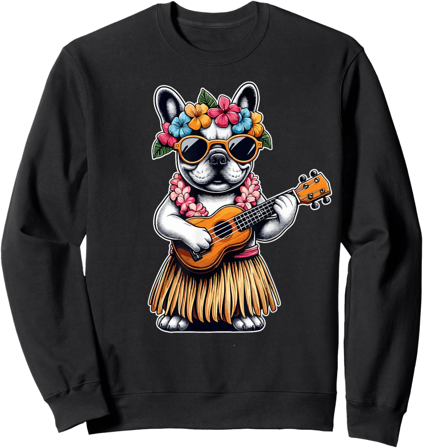 Hula Bulldog French Bulldog Ukulele Hawaiian Women Kids Sweatshirt - Sweatshirt | Black