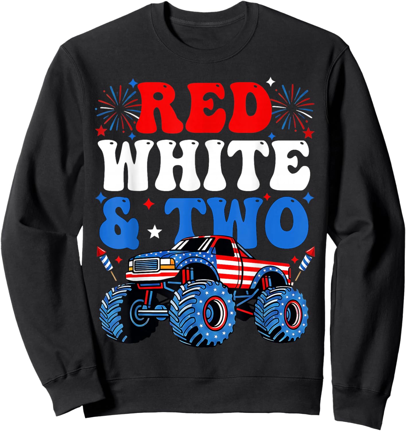 2nd Birthday Boy Monster Truck Red White and Two 4th of July Sweatshirt - Sweatshirt | Black
