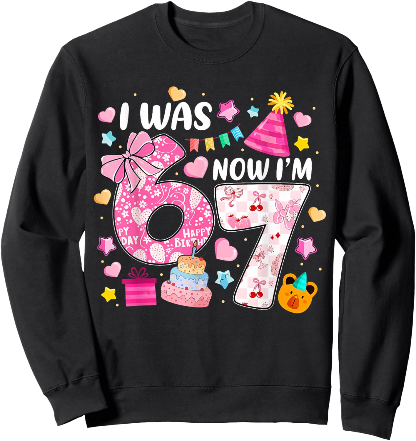 Preppy Coquette Bow I was 6 Now I'm 7 7th Birthday Girl Sweatshirt - Sweatshirt | Black