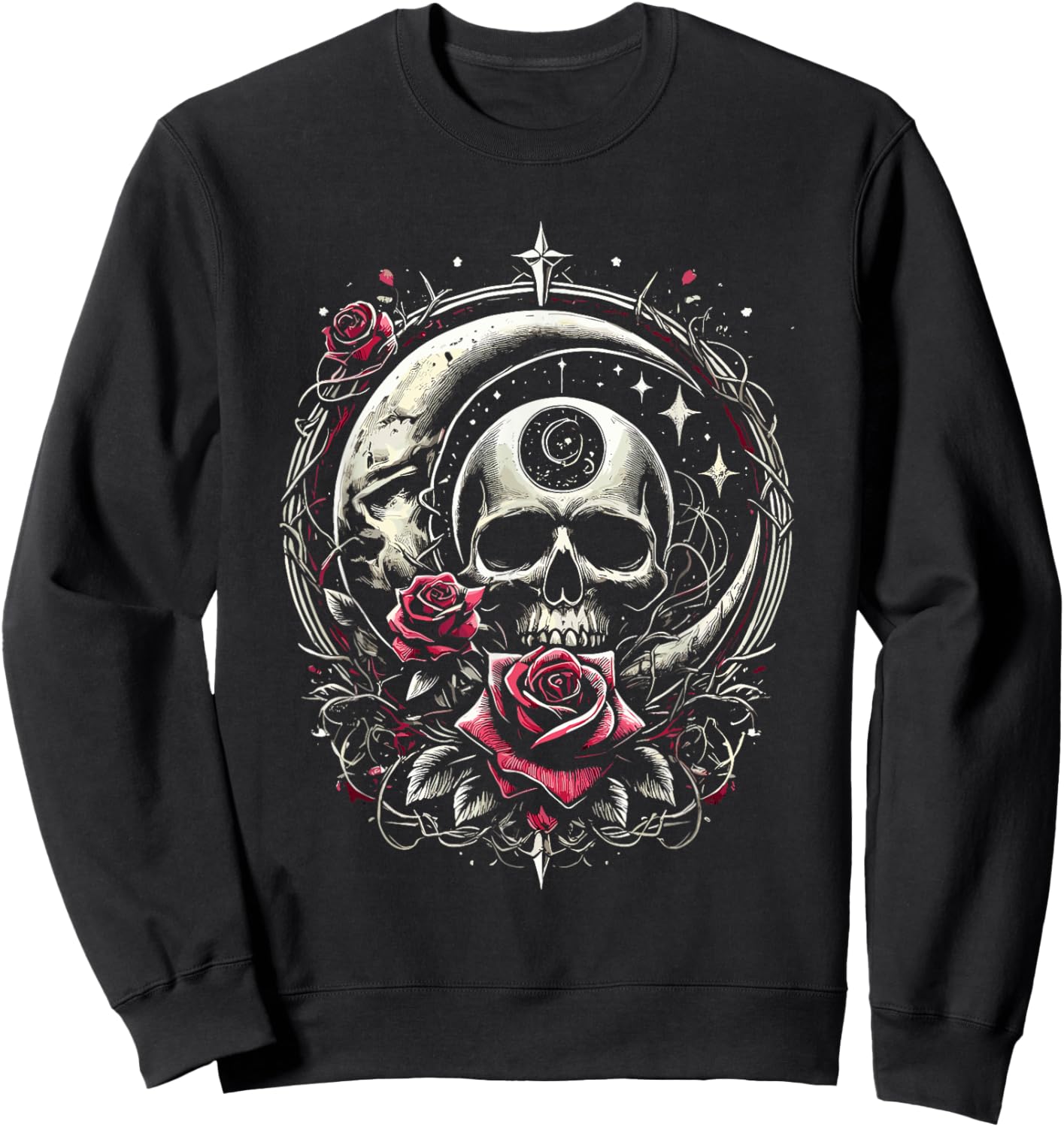 Moon Rose Skull Gothic Illustration Emo Death Metal Punk Sweatshirt - Sweatshirt | Black