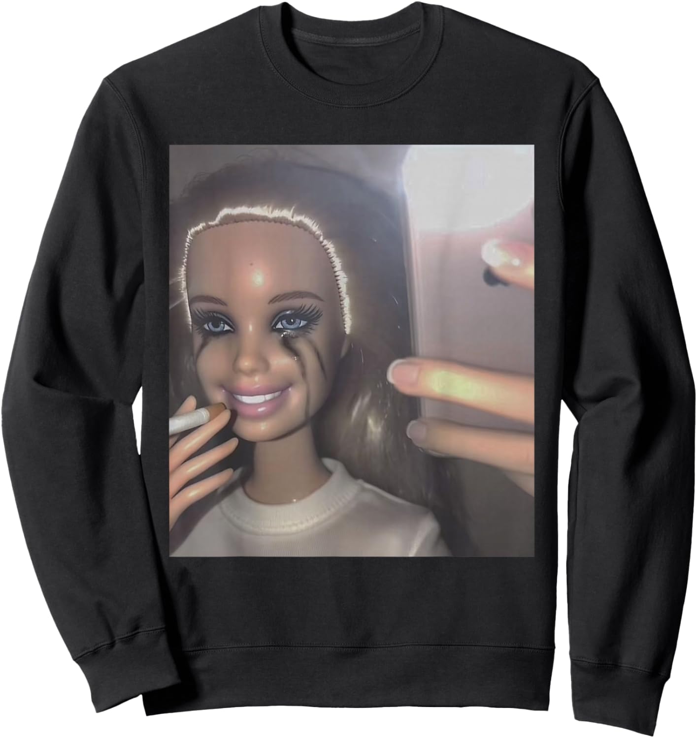 Funny Cry Doll Face Meme Men Women Sweatshirt - Sweatshirt | Black