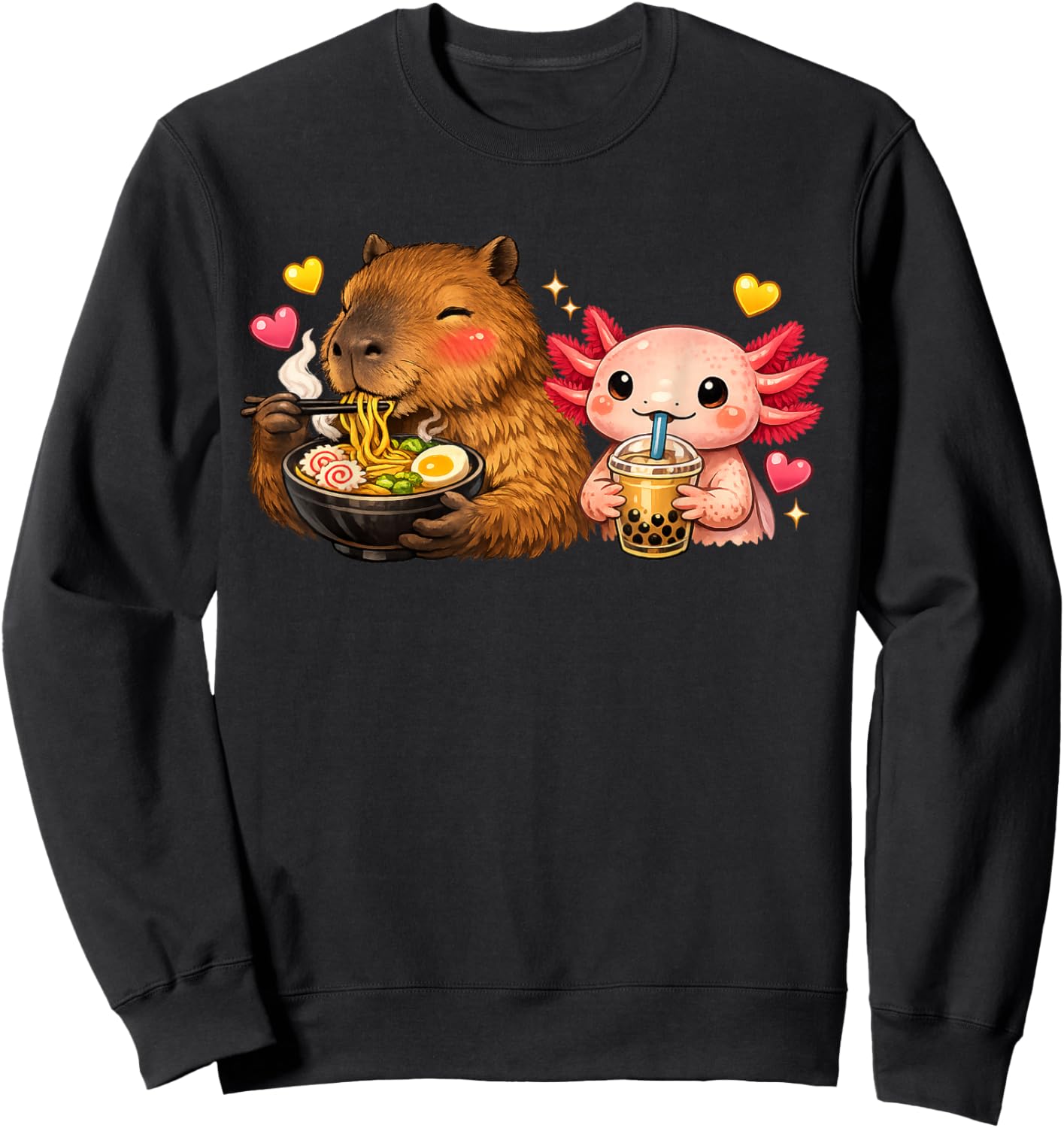 Cute Capybara Ramen and Axolotl Boba Kawaii Boys Girls Kids Sweatshirt - Sweatshirt | Black