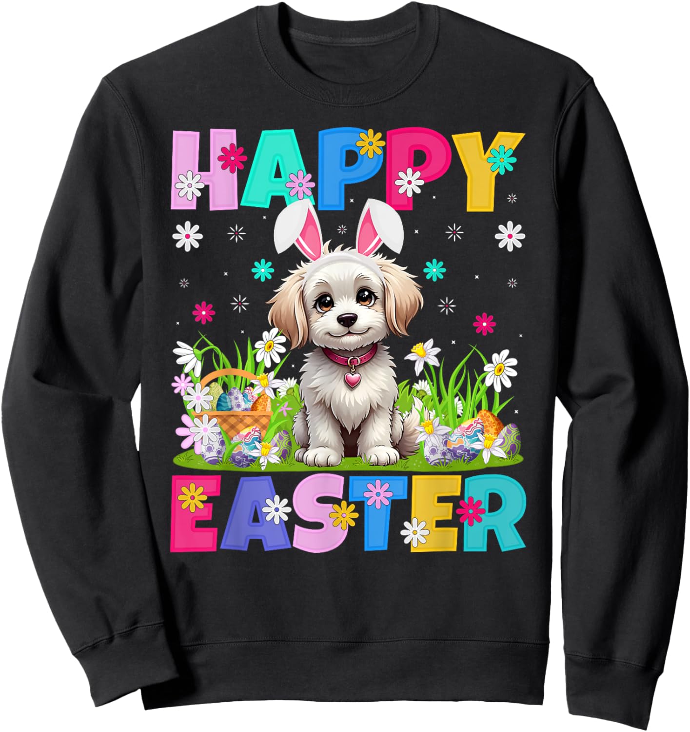 Maltipoo Dog Happy Easter Egg Hunt Bunny Ear Maltipoo Easter Sweatshirt - Sweatshirt | Black
