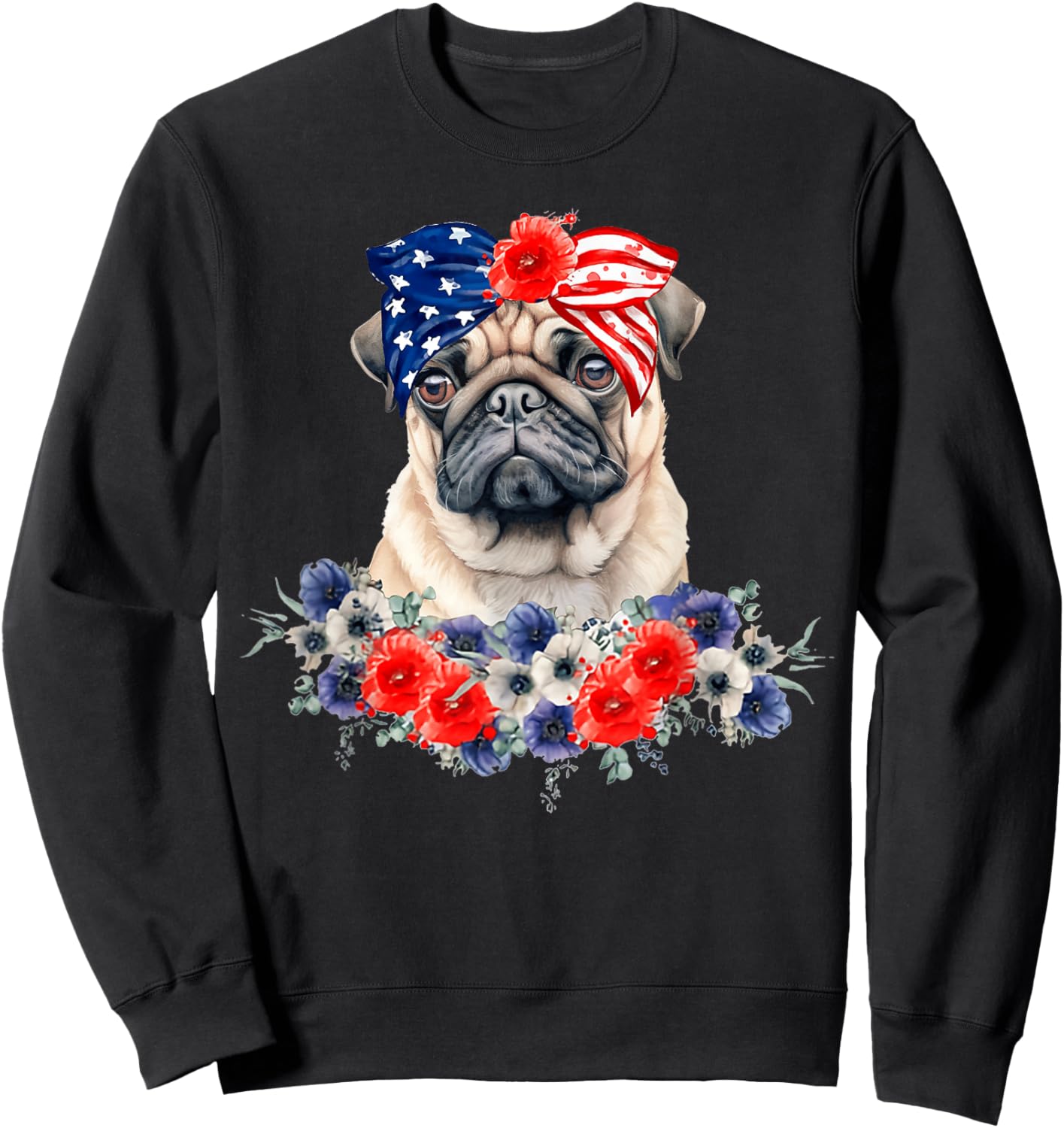 Pug Dog Bandana American Flag 4th Of July Women Kids Men Sweatshirt - Sweatshirt | Black