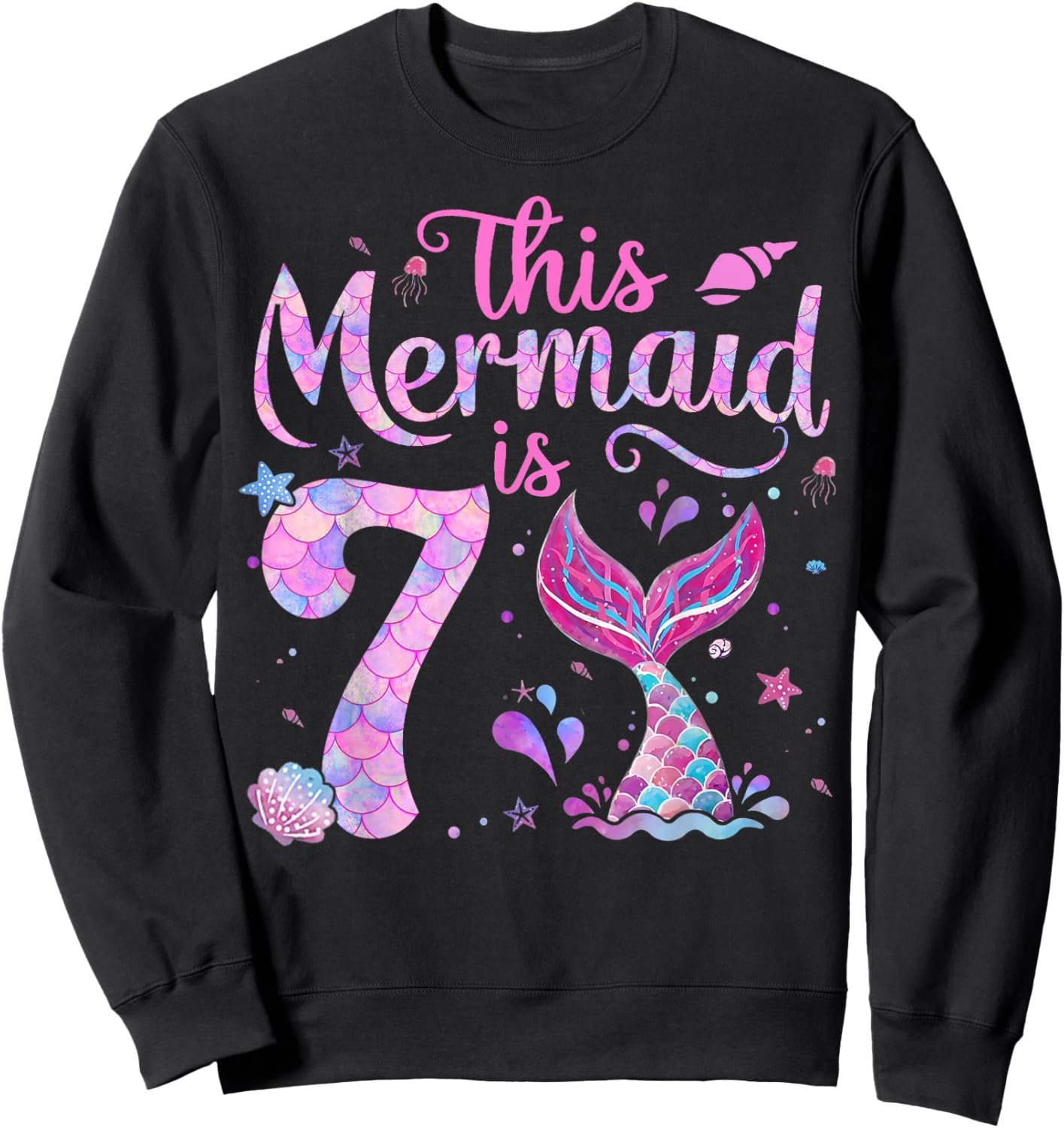 Kids 7th Birthday Girl Shirt 7 Year Old Mermaid Bday Girls Sweatshirt - Sweatshirt | Black
