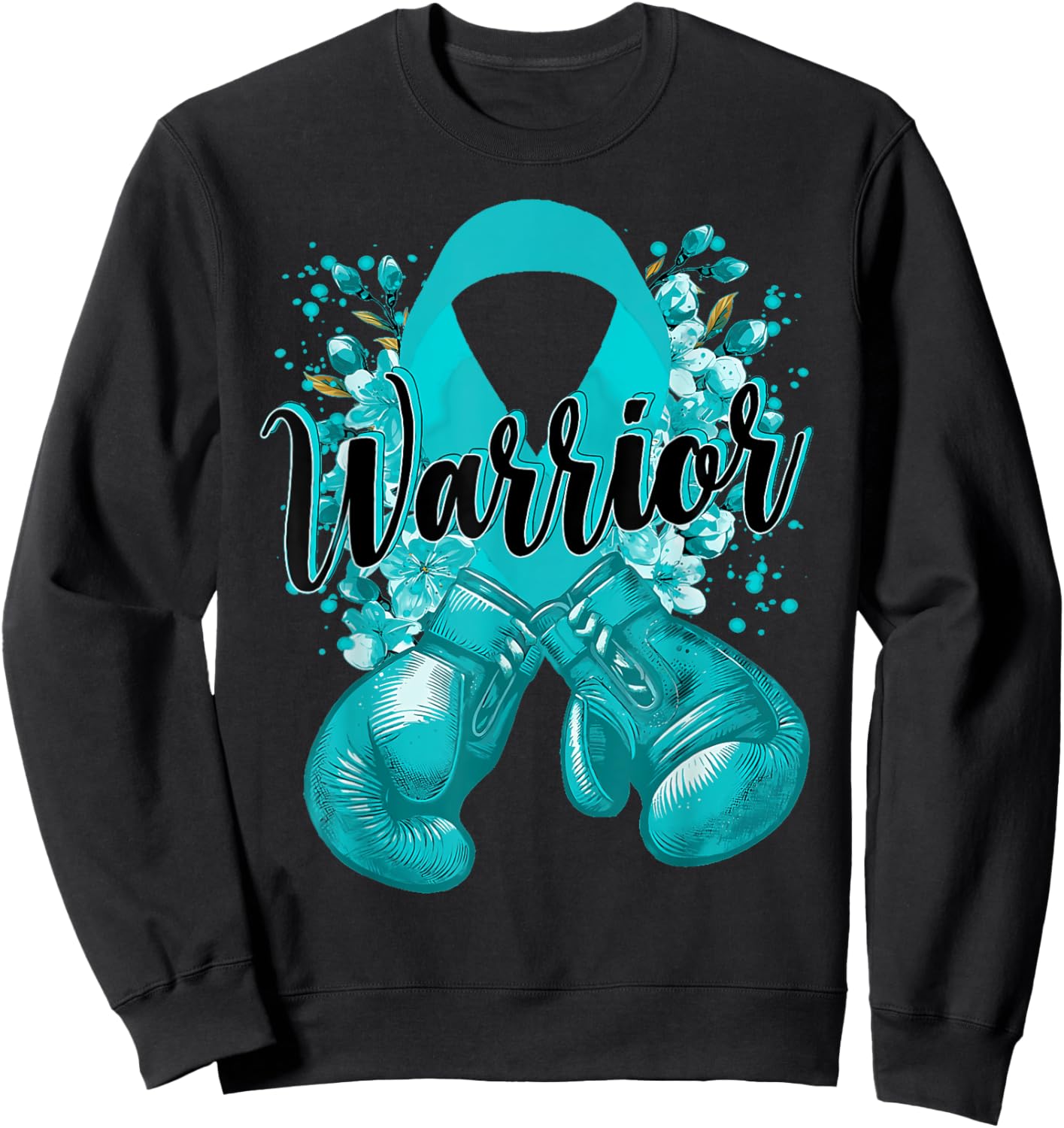Warrior Boxing Gloves Teal Ribbon Cervical Cancer Awareness Sweatshirt - Sweatshirt | Black