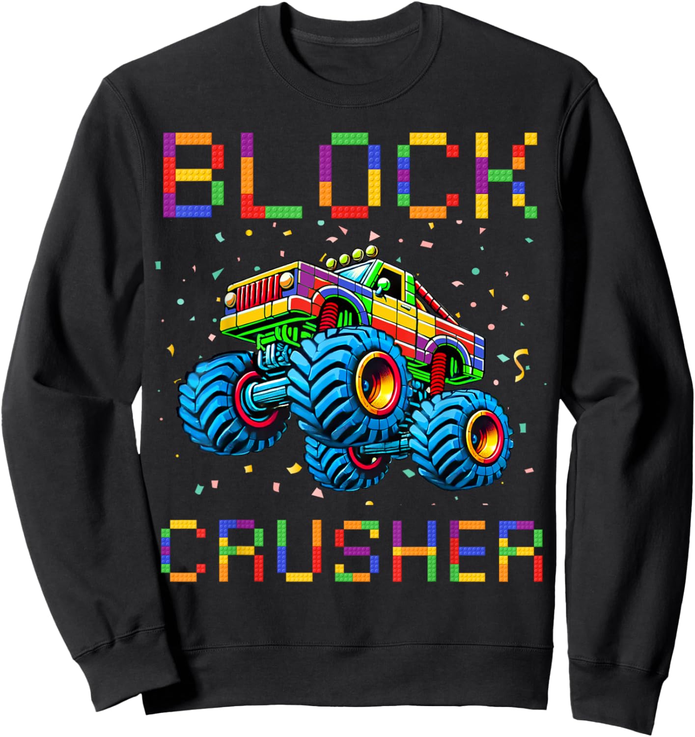 Block Builder Funny Building Block Bricks Monster Truck Kids Sweatshirt - Sweatshirt | Black