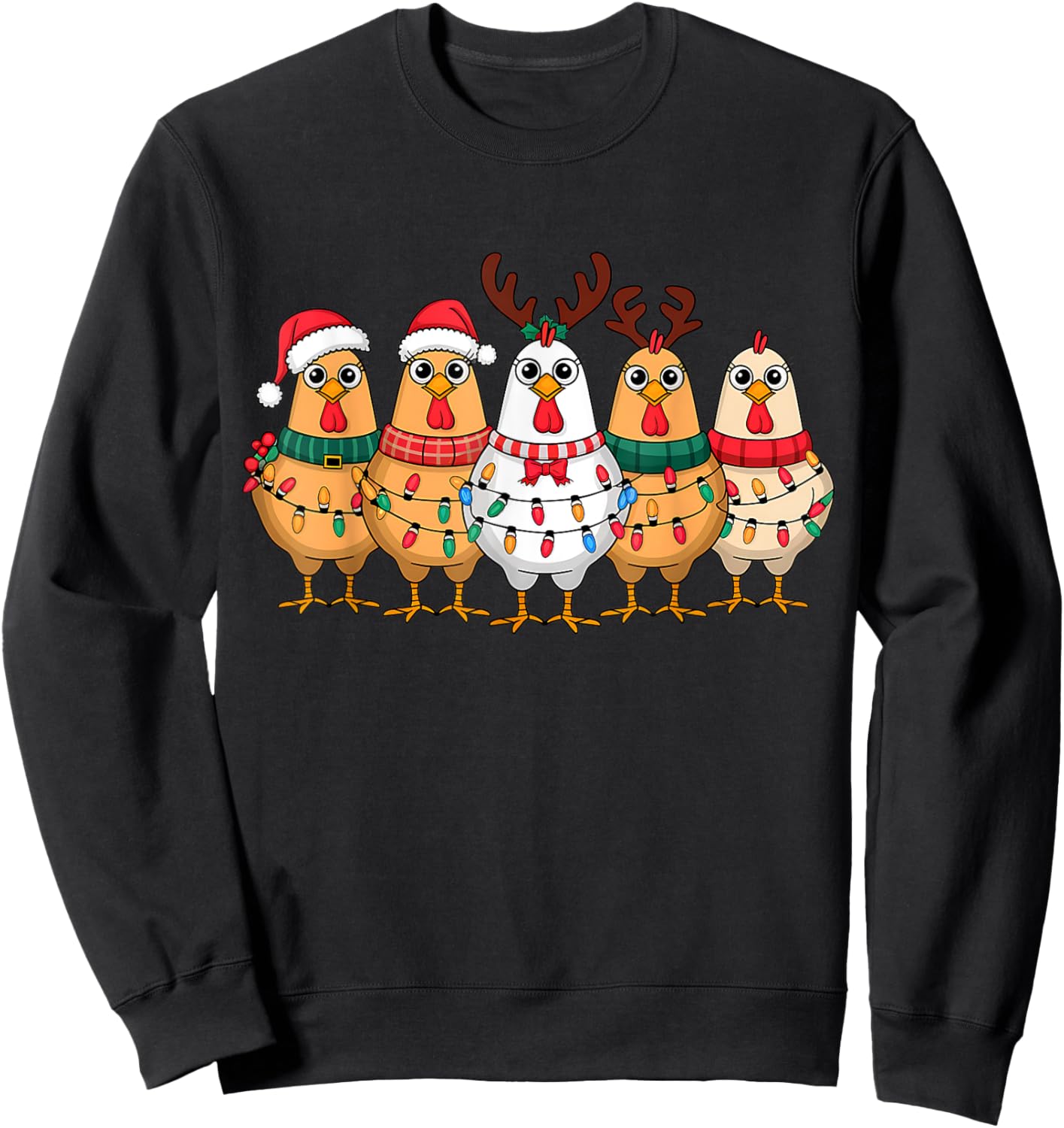 Funny Chicken Christmas Lights Farm Animal Cute Xmas Holiday Sweatshirt - Sweatshirt | Black