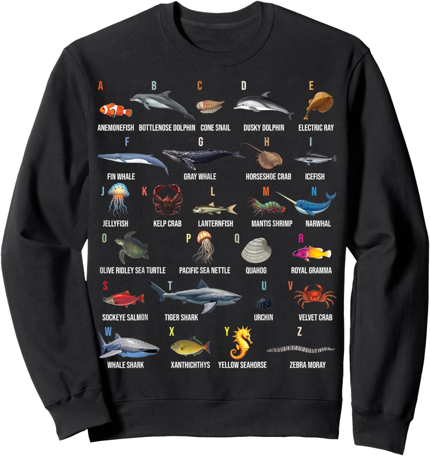 A-Z Ocean Life Alphabet Marine Creatures Exploration Sweatshirt - Sweatshirt | Black