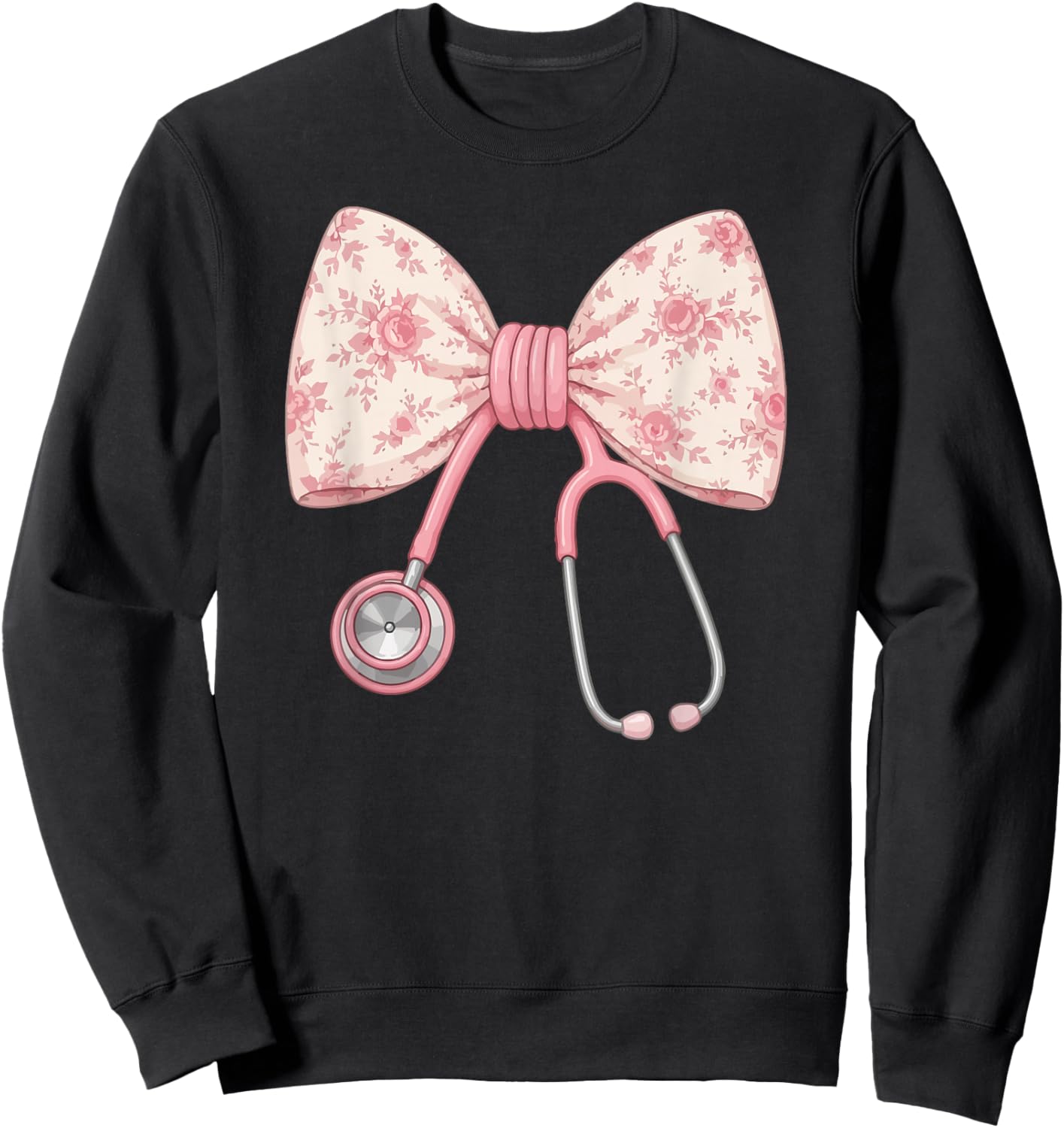 Nurse Bow Stethoscope Coquette Pink Floral Nursing Sweatshirt - Sweatshirt | Black